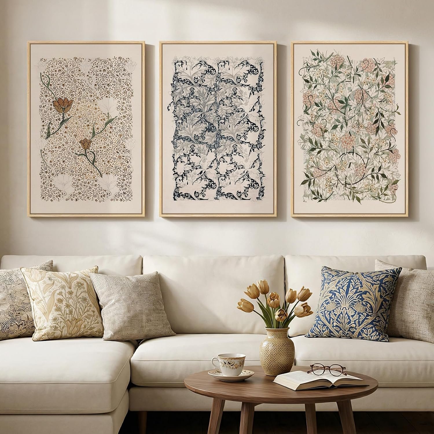 Large Framed William Morris Canvas Wall Art for Living Room, 3 Piece