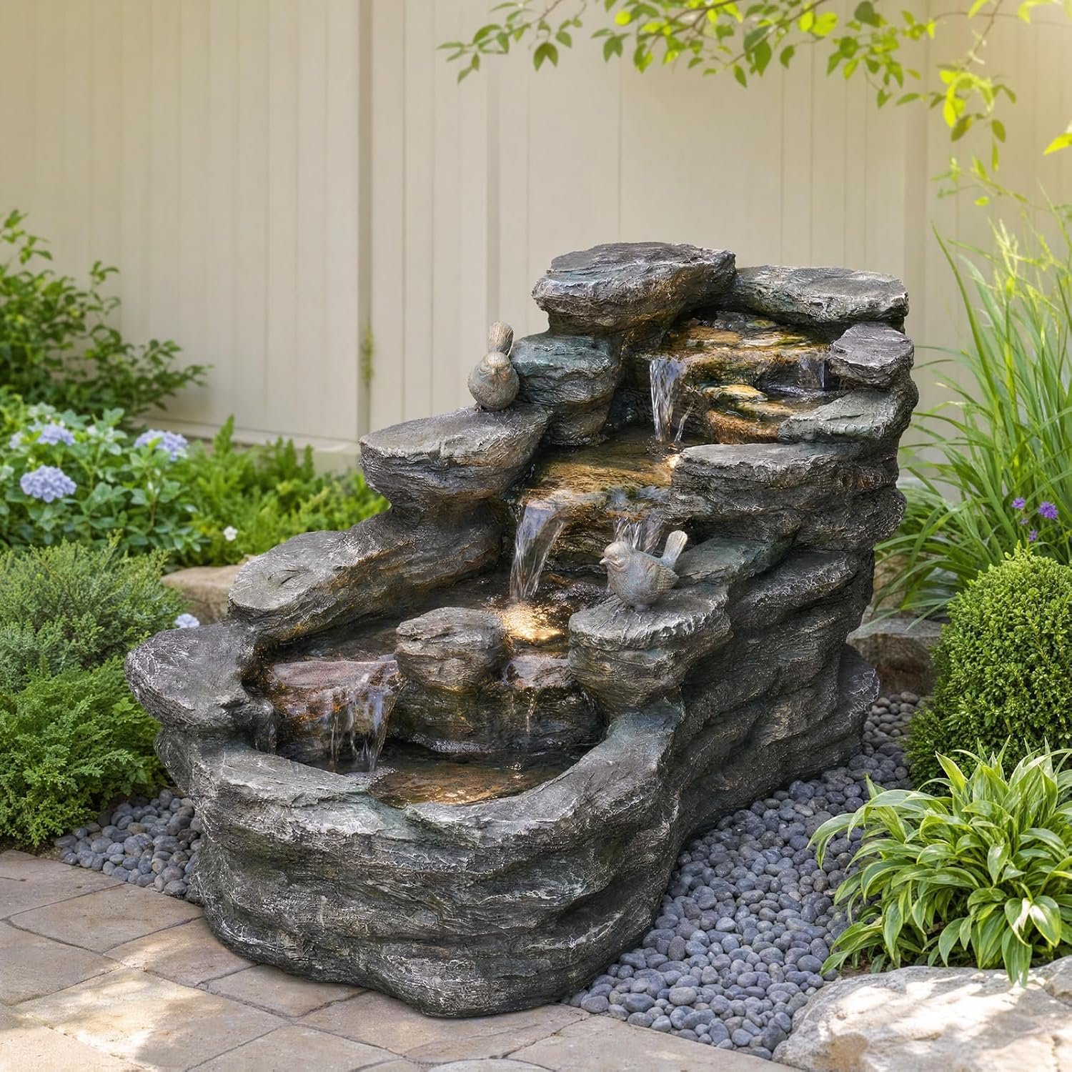 YZM 36.61″ Outdoor Water Fountain with LED Lights 5-Tier Rock Waterfall