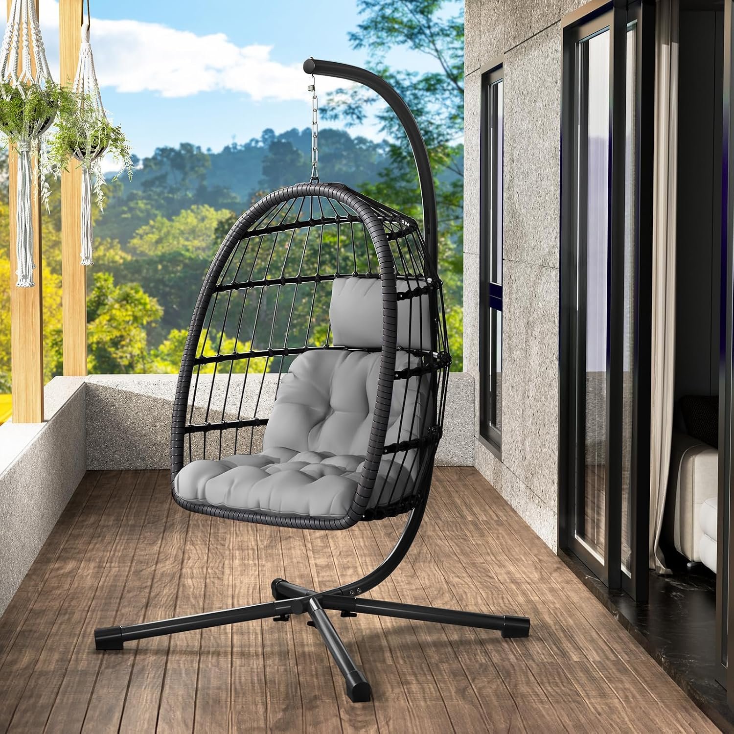 LEVELEVE Hanging Egg Chair with Stand, Patio Rattan Wicker Swing Chair, Oversized Hammock Seat for Bedroom Porch Garden, Thickened Steel Frame & UV Resistant Cushion, 350LBS Capacity(Light Grey)