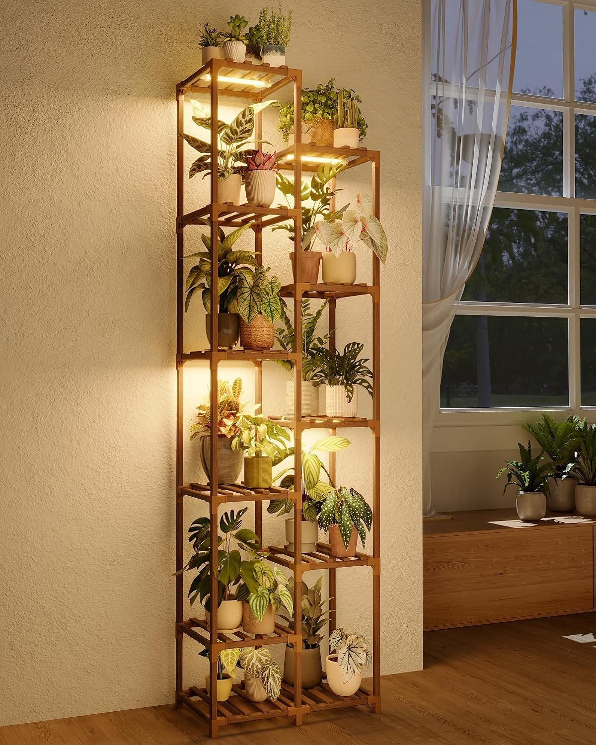 Bamworld Plant Stand with Grow Lights, 11 Tier Tall Large Wood Plant Shelf
