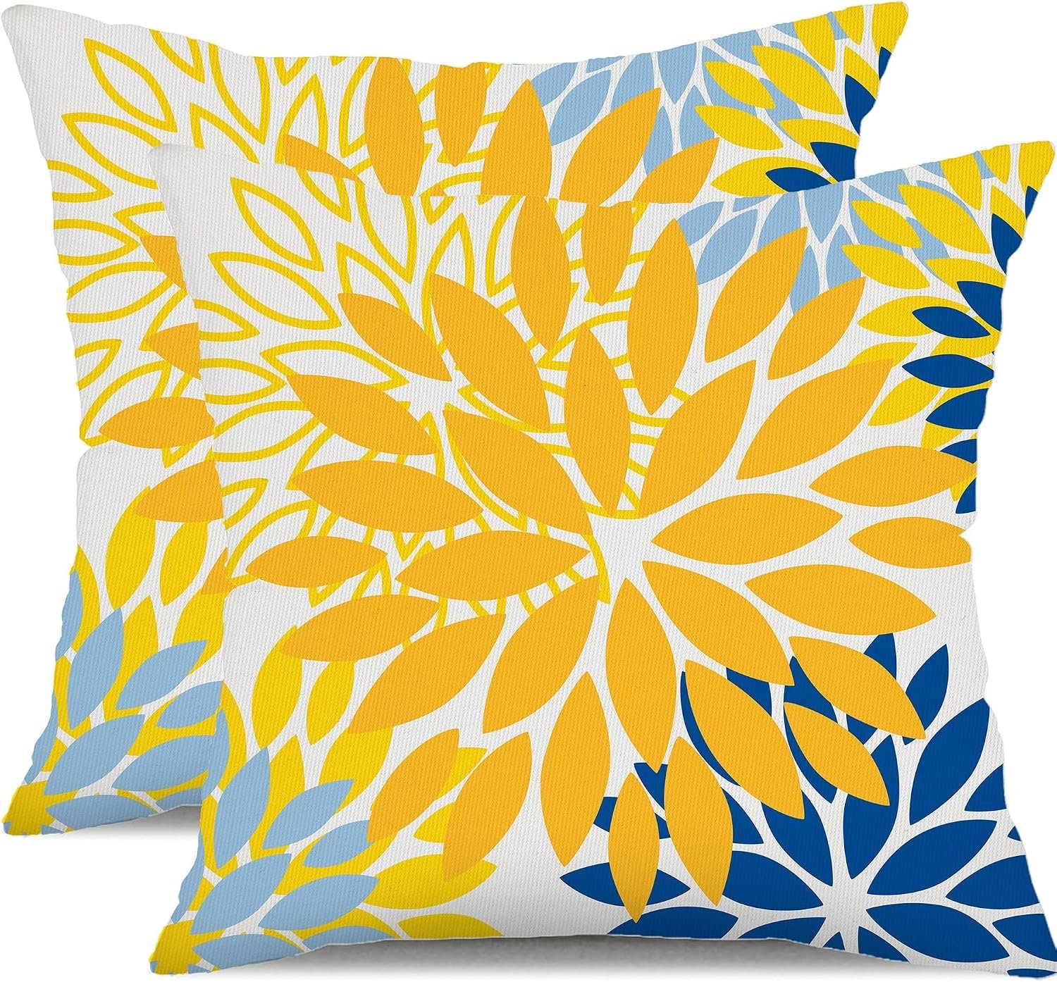 DFXSZ Outdoor Waterproof Pillow Covers 18×18 Set of 2 Yellow Blue Flower