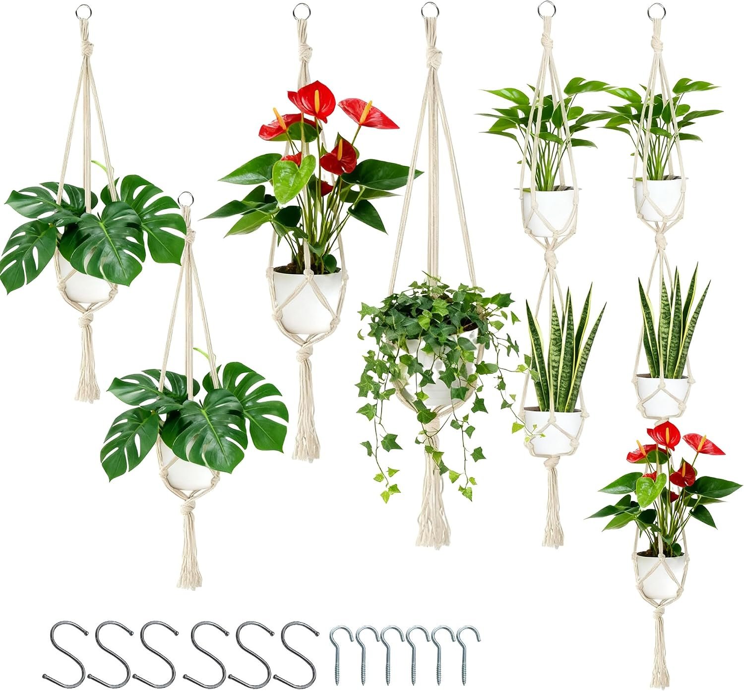 6Pcs White Macrame Plant Hanger Set Different Tiers Hanging Plant Holders Indoor Plant Hangers from Ceiling Hanging Planter Basket Cotton Rope with S Hooks and Hook Nails Boho Home Decor
