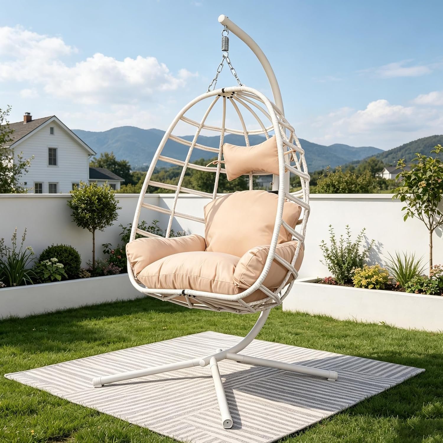 Hanging Egg Chair with Stand, Indoor Outdoor Rattan Wicker Egg Swing Chair with Cushion, Patio Hammock Chair for Backyard Garden, 350LBS Capacity,White-Beige