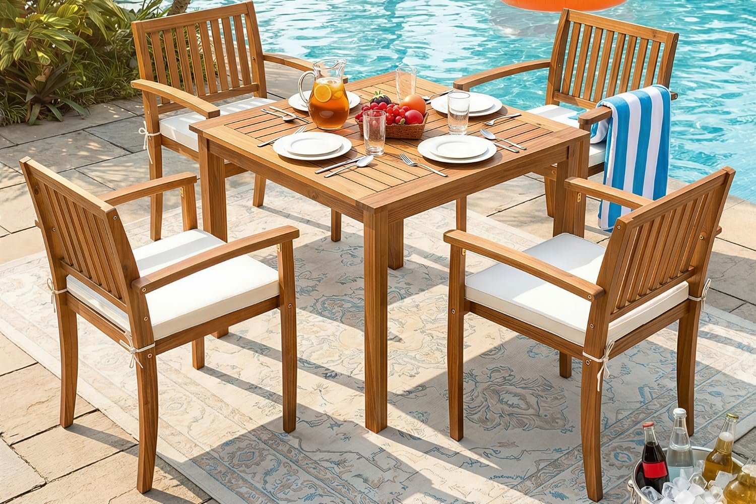 Devoko 5 Pieces Patio Table and Chairs Set Acacia Wood Outdoor Furniture