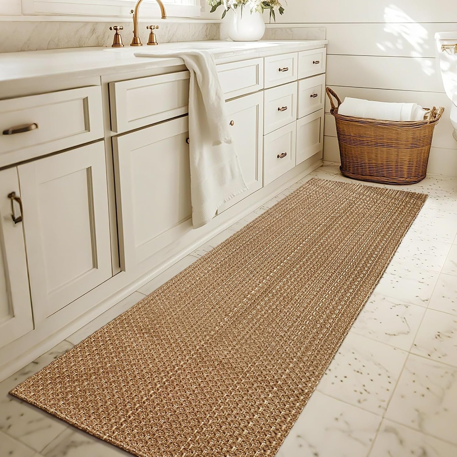 Tan Brown Faux Jute Runner Rug 2×6 ft,Braided Rubber Backed Hallway Rug