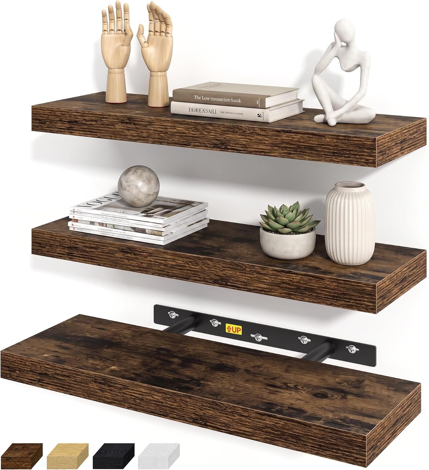 20 Inch Floating Shelves for Wall Set of 3, 6.7″ Deep Wall Shelf, Brown