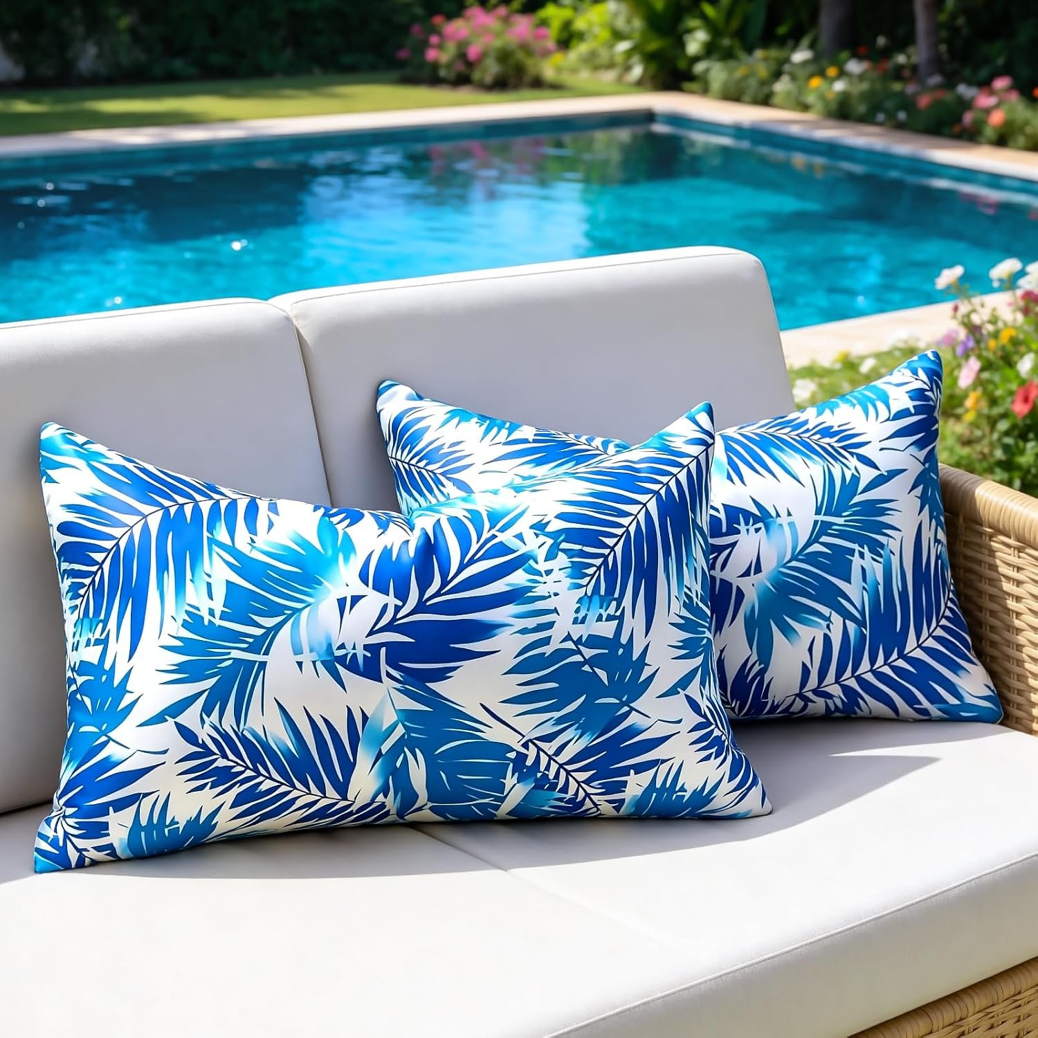 Outdoor Lumbar Pillow Covers Waterproof Summer Decorative Throw Pillow Covers Blue Tropical Leaf Couch Covers 18×18 Set of 2 Outdoor Cushion Home Decor for Patio Furniture Garden Tent Balcony Bench