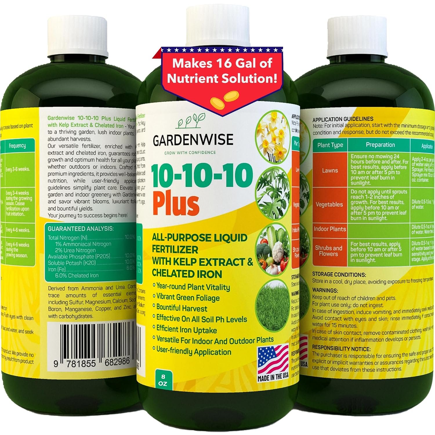 GARDENWISE 10-10-10 All Purpose Plant Food – Liquid Fertilizer with Seaweed Kelp & Iron – Indoor & Outdoor Plant Food, Vegetables, Flowers, Lawn & Garden 1x8oz