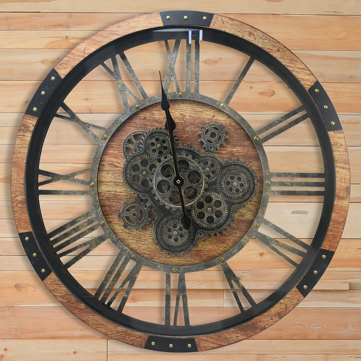 24″ Large Wall Clock with Moving Gears,Oversize Vintage Industrial Rustic Farmhouse Clocks for Living Room Decor Office Home,Solid Wood HD Tempered Glass Cover,Brown