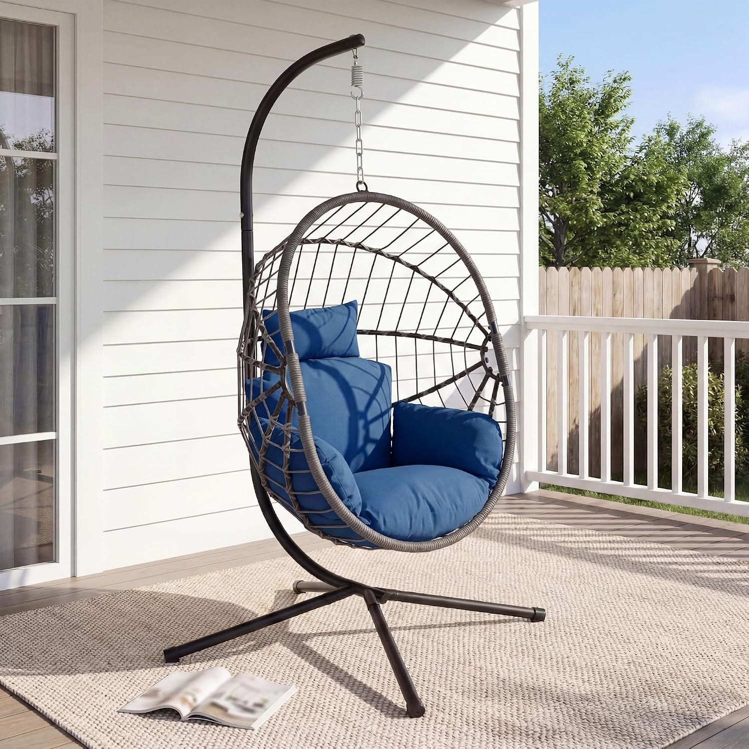 DoubleTT Hanging Egg Chair with Stand – 350lbs Capacity Outdoor Patio & Indoor Living Room Furniture, Waterproof PE Rattan Wicker Swing Seat with Cushion, Foldable Seat for Garden, Balcony, Backyard