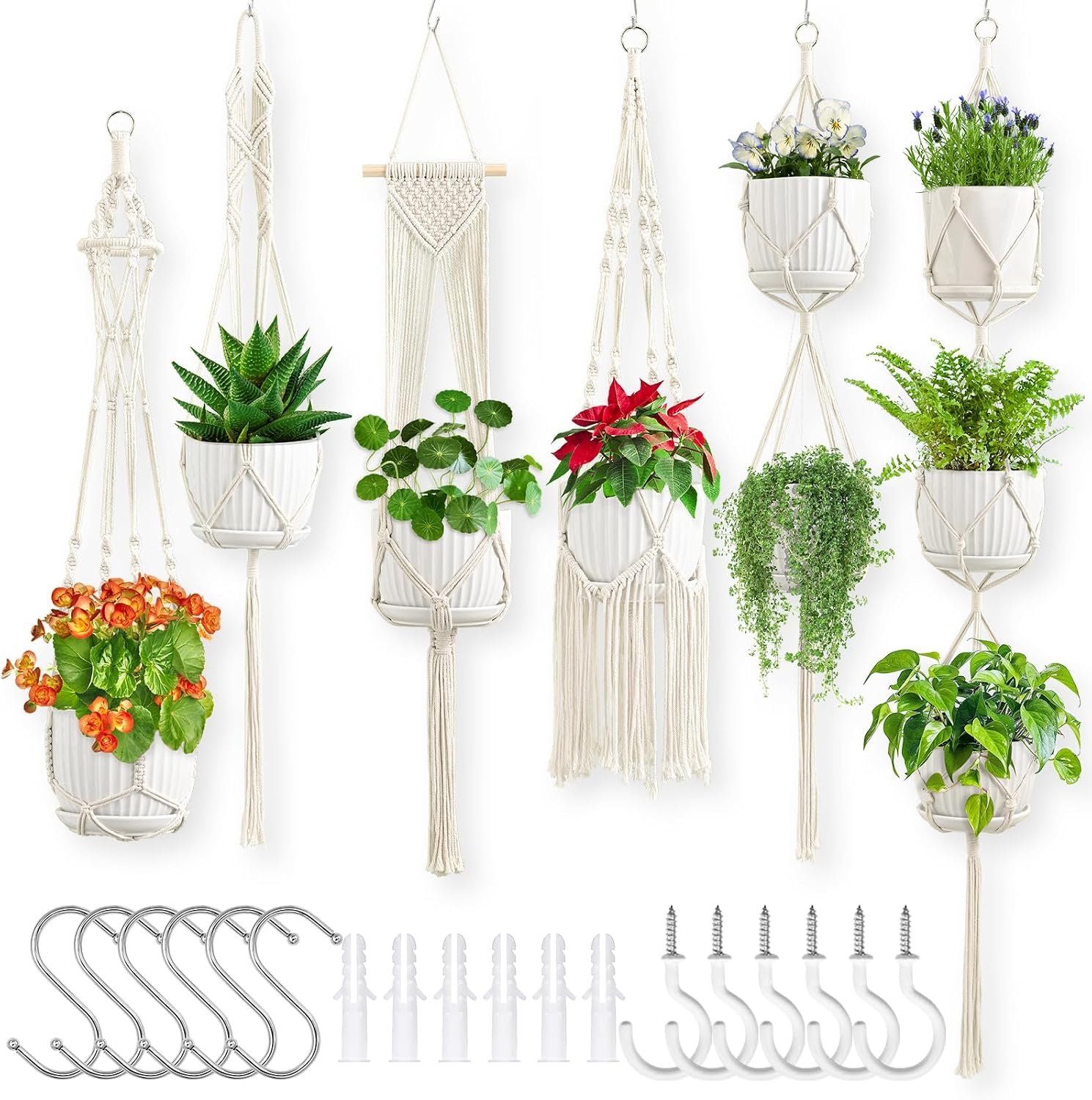 Macrame Plant Hangers, 6Pack Hanging Plant Holders Indoor, Ivory