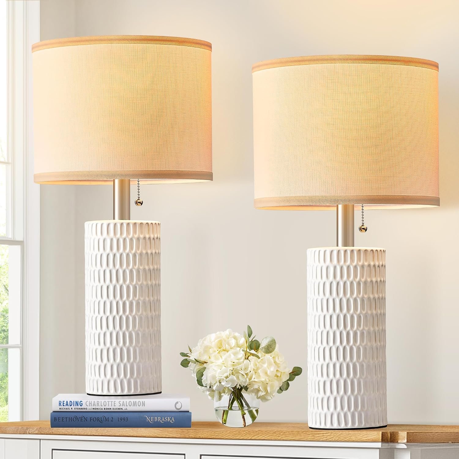 Reaketon 20″ Modern Ceramic Table Lamps Set of 2, Lamps for Bedroom, White
