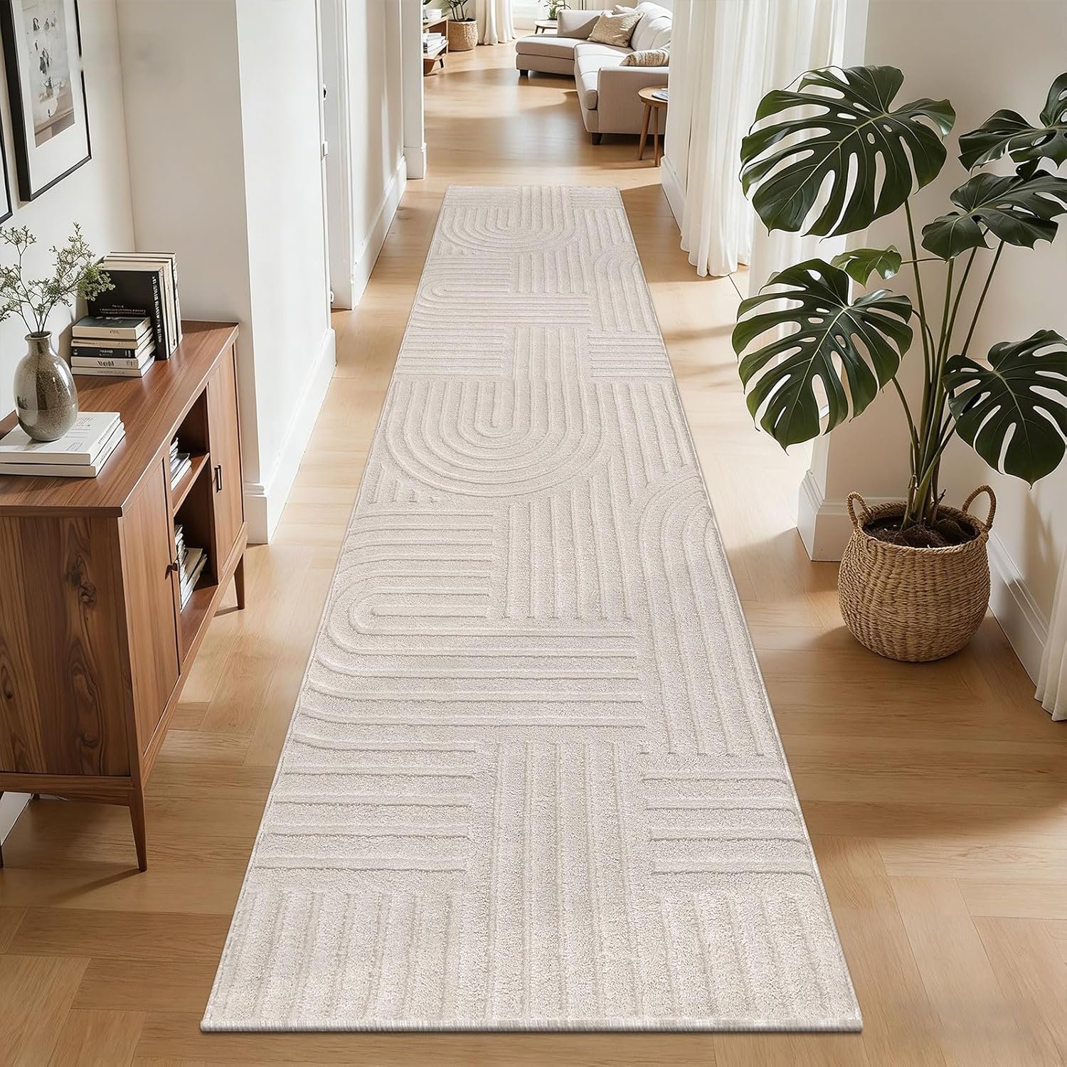 SHACOS Soft Cozy Fluffy Arch Pattern High-Low Pile Runner Rugs 2’x8′ Non Slip Washable Scandinavian Minimalist Rug Runner Modern Geometric Carpet for Living Room Bedroom Bathroom Hallway, Beige