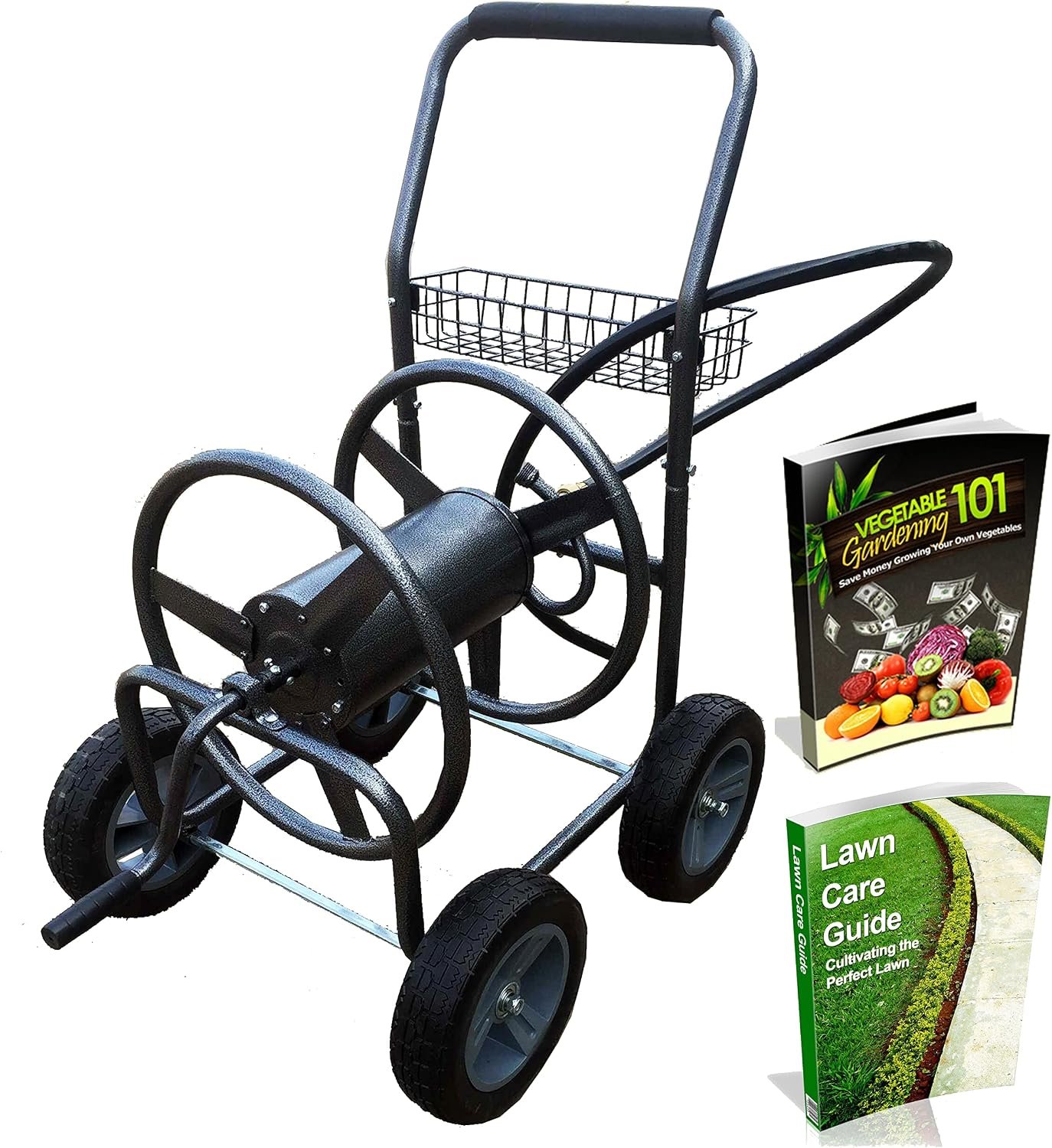 Backyard Expressions Metal Hose Reel Cart with Wheels – Heavy Duty Hose Caddie – 250 Ft Hose Capacity – Hammertone Finish