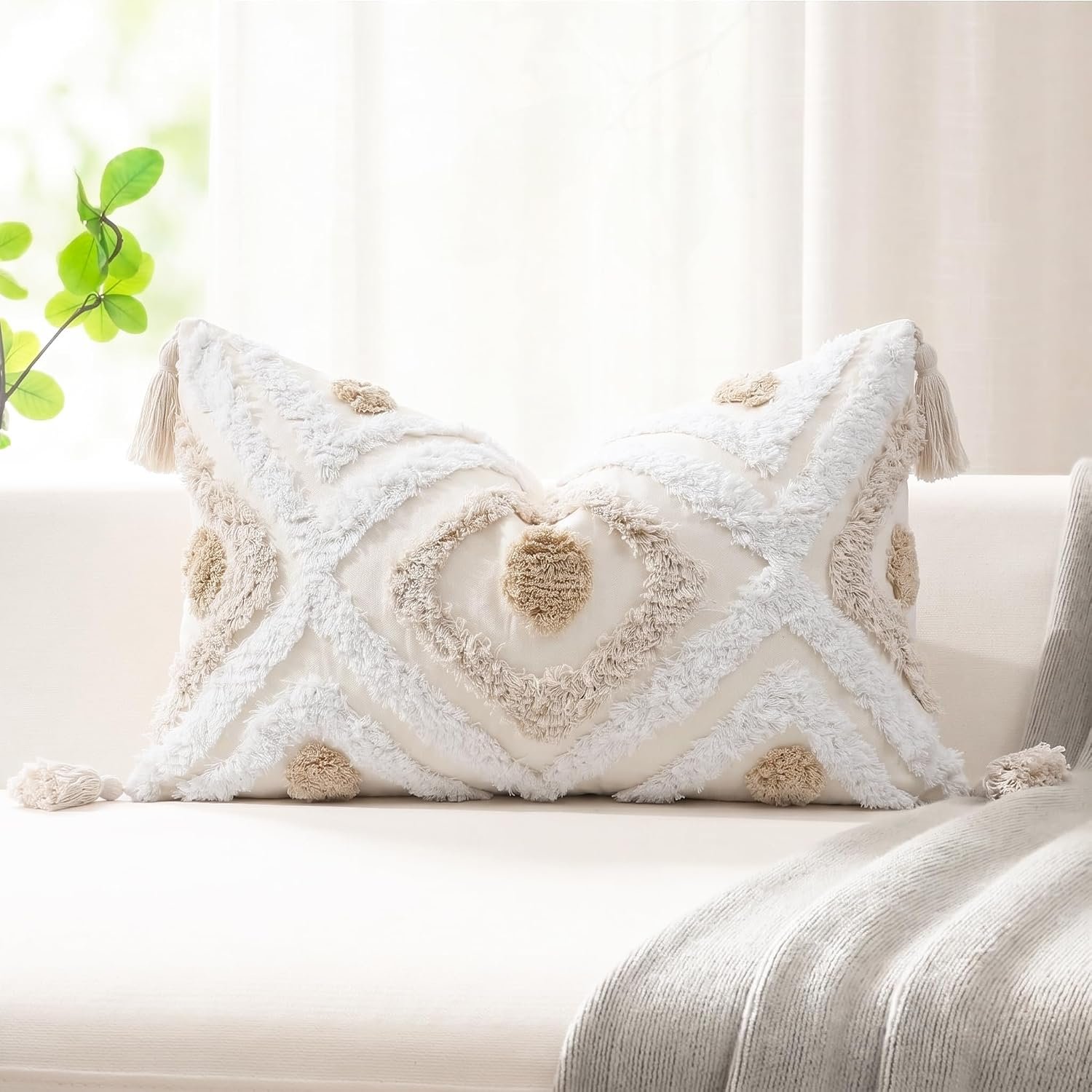 NUYECY Modern Long Lumbar Throw Pillow Cover 12 x 24,Cotton and Linen Tufted Decorative Boho Long Lumbar Pillow Case for Couch Sofa Bed Farmhouse Chair Outdoor,Khaki&Beige&White