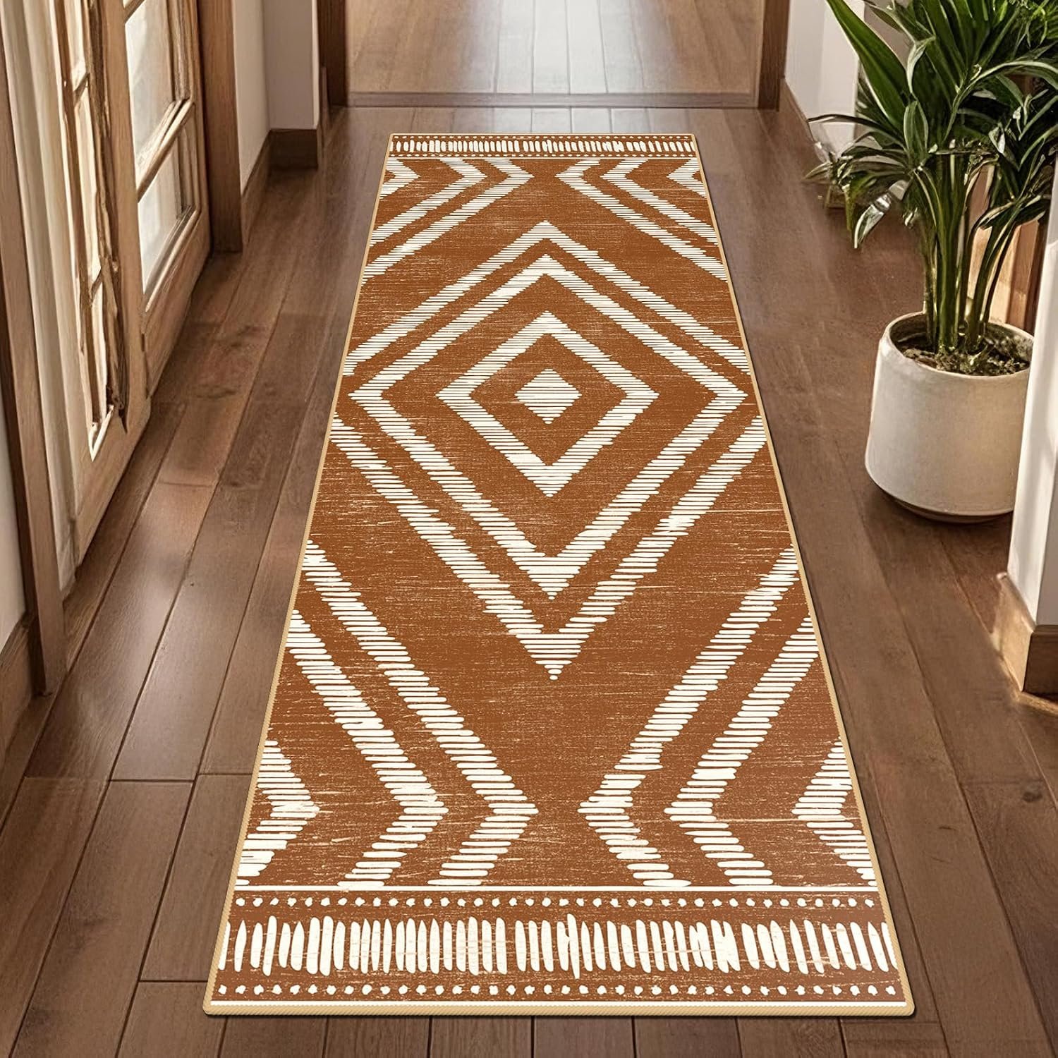 Boho Runner Rugs 2x6ft Non Slip, Brown Washable Rug with Rubber Backing, Soft Moroccan Farmhouse Kitchen Runner, Low Pile Geometric Floor Carpet for Hallway Bedroom Bathroom