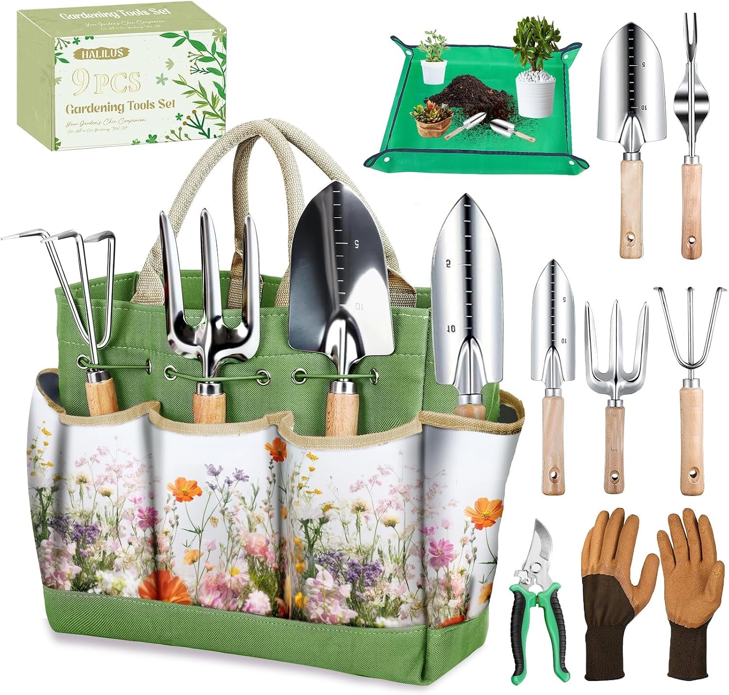 Garden Tools 9 Pcs Heavy Duty Gardening Tool Set Green Tote Bag Men Women