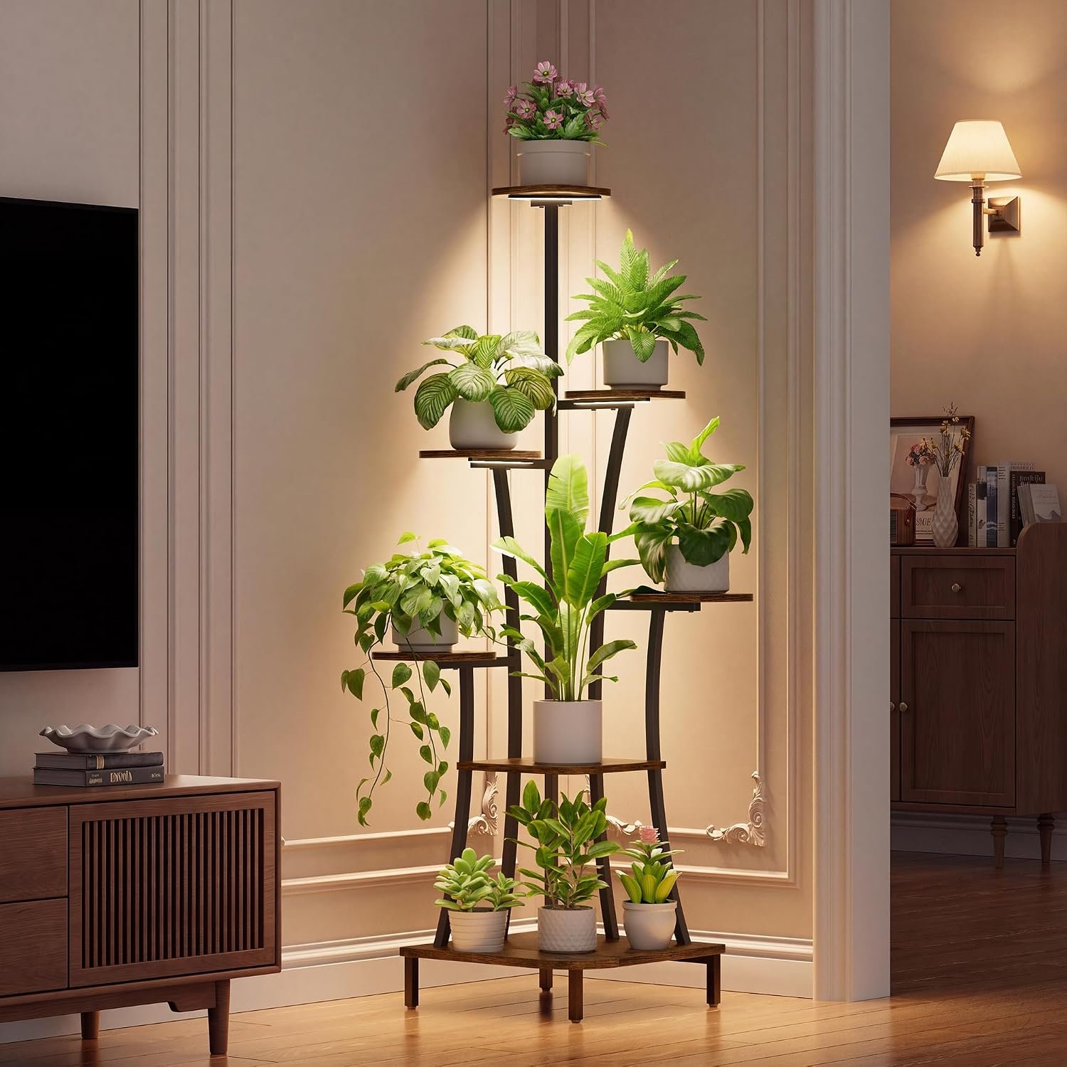 Corner Plant Stand Indoor With Grow Light, 7 Tier 63″ Tall Plant Shelf