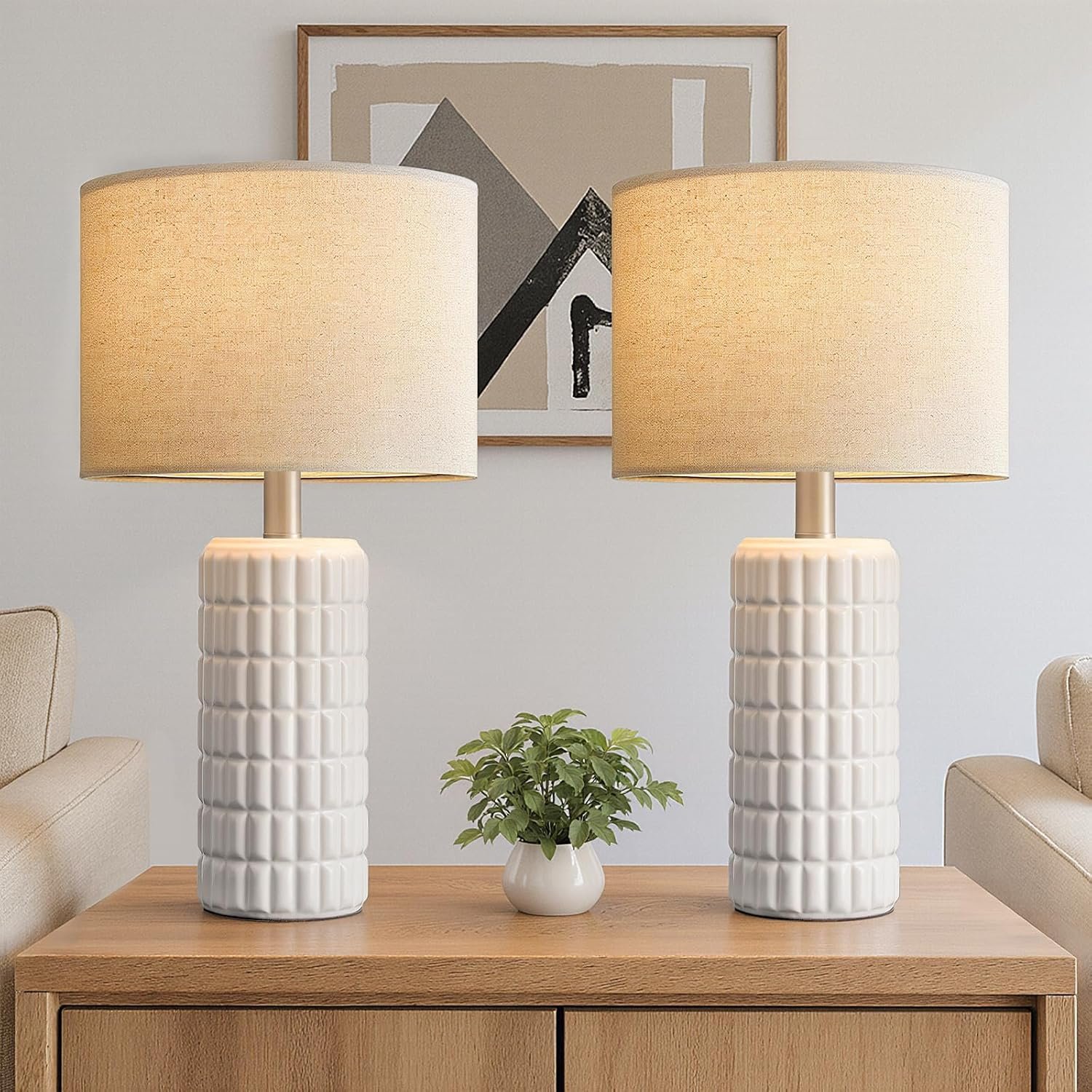 Seealle 23″ Modern Ceramic Table Lamps Set of 2, Lamps for Bedroom, White