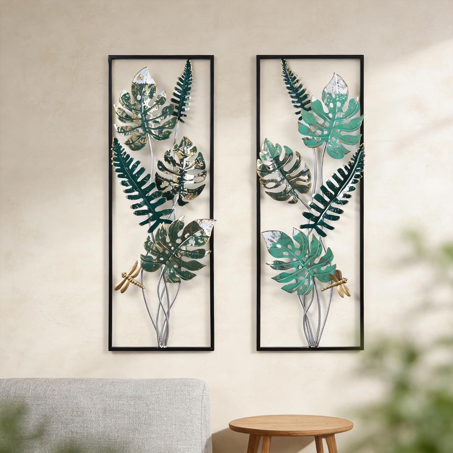 Monstera Fern Leaf Metal Wall Art with Framed Dragonfly, Boho Tropical Hanging Sculpture for Living Room Bedroom, Fall Halloween Thanksgiving Christmas Birthday Housewarming Gift for Women