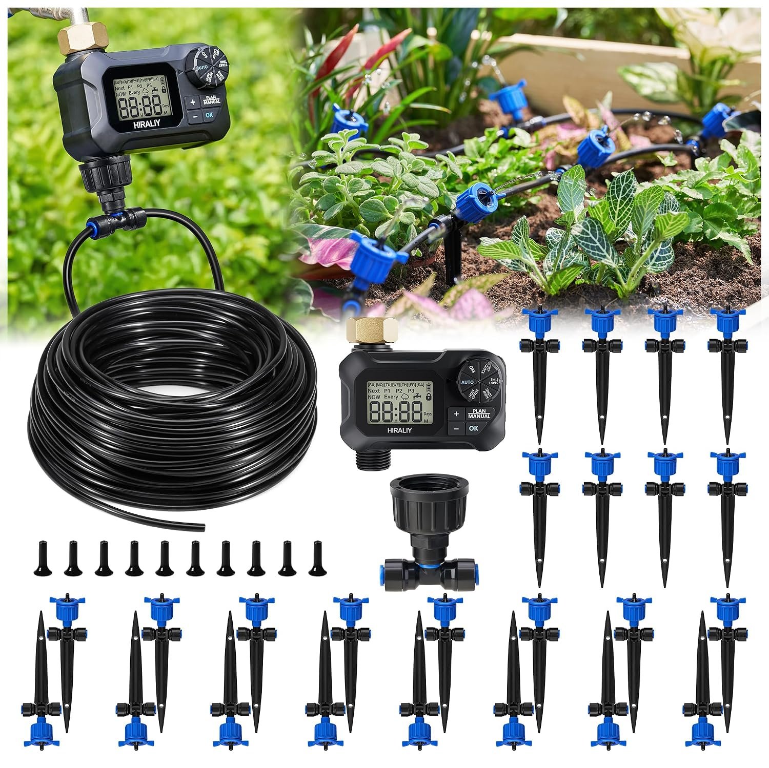 HIRALIY 100FT Drip Irrigation Kit with Timer, Pressure Compensated