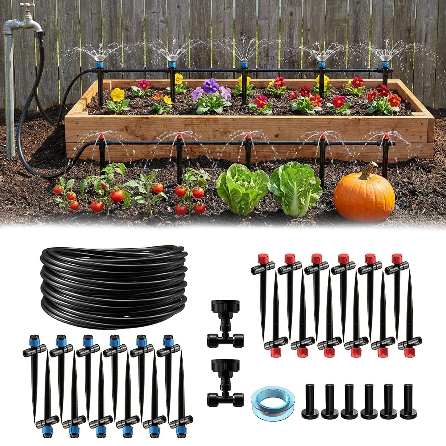 118FT Drip Irrigation System, Garden Watering System, Quick-Connect Drip Irrigation Kit for Lawn Raised Bed Greenhouse, Plant Watering System with 1/4” Drip IrrigationTubing, Drip Emitters,Connectors