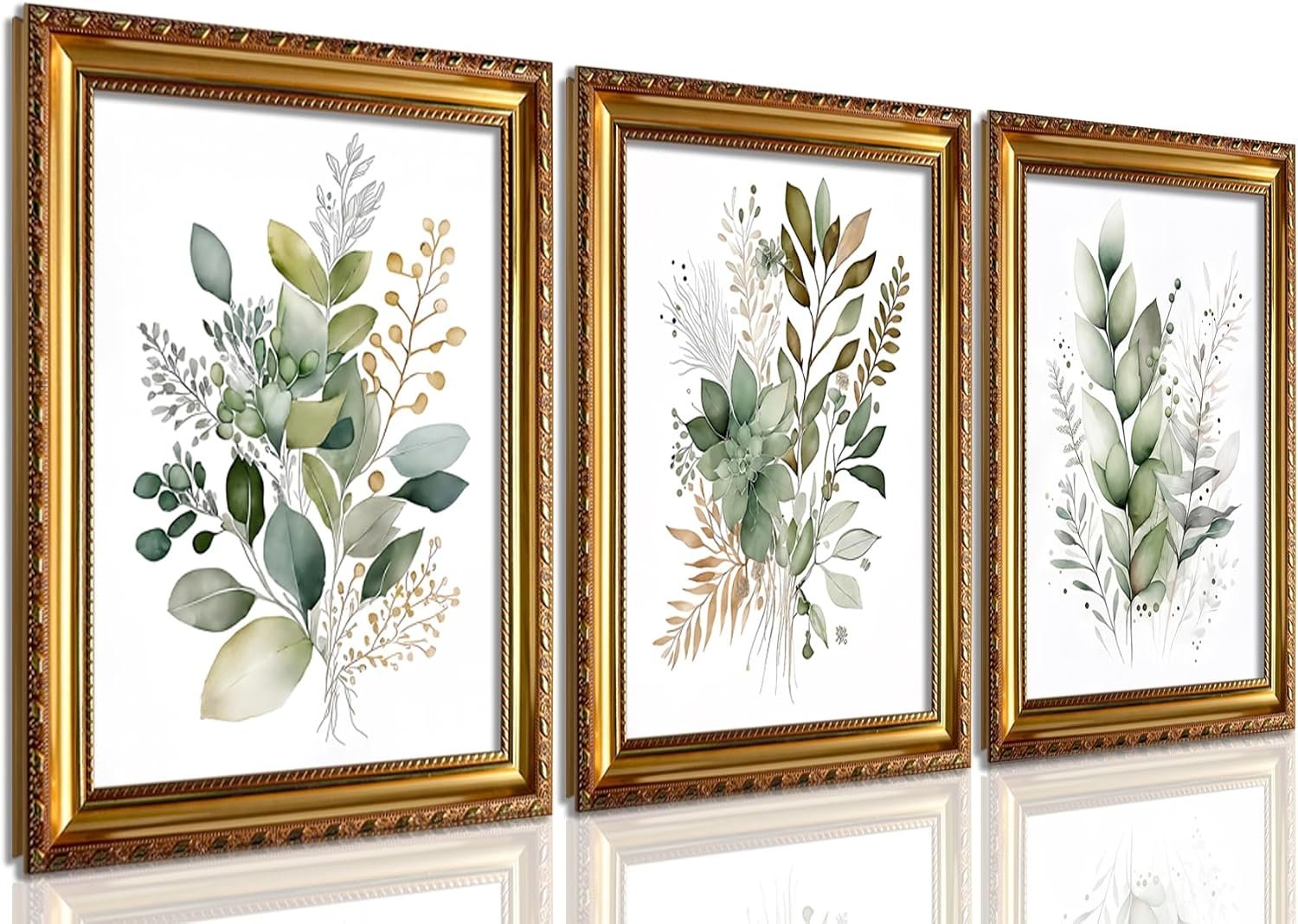 Gold Framed Botanical Wall Art Set of 3, Sage Green Watercolor Prints