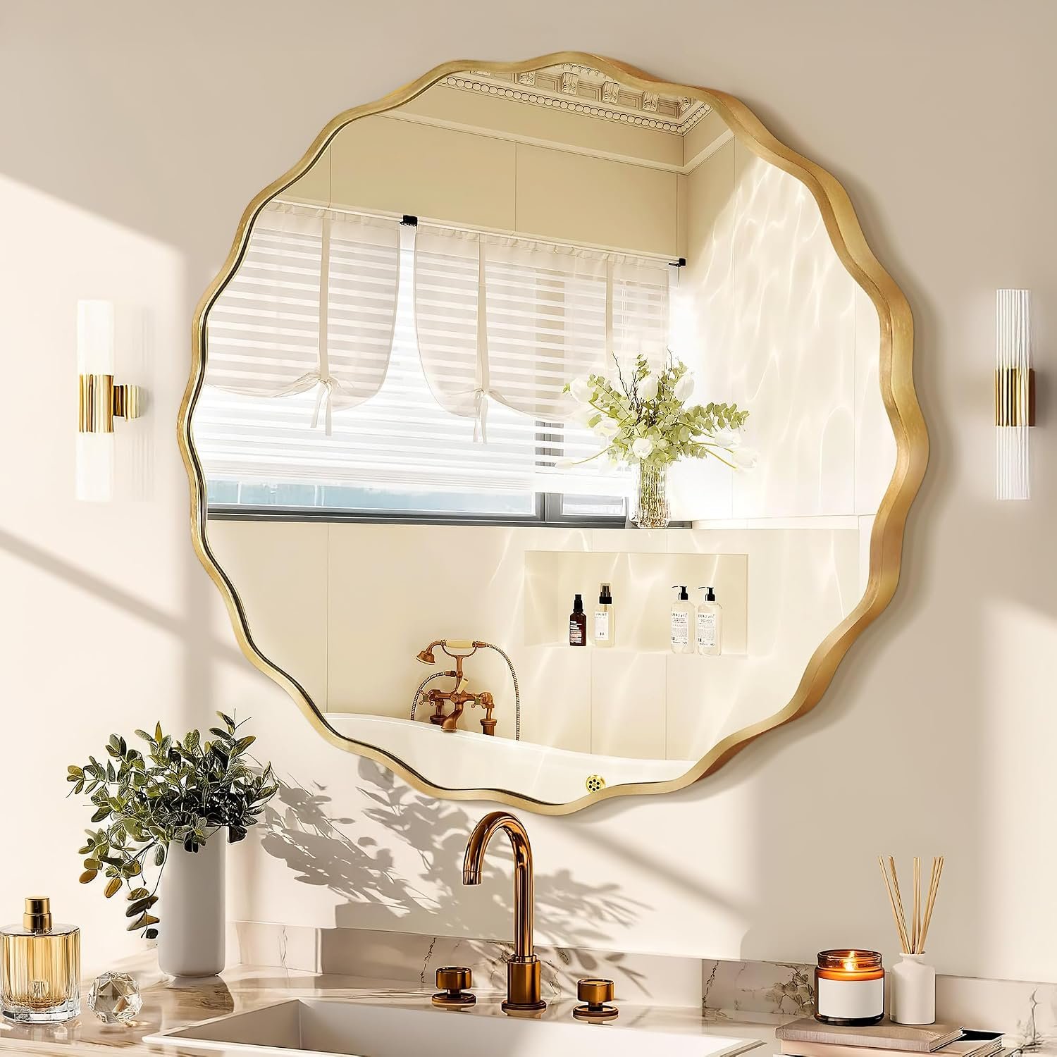 Gold Round Mirror for Wall, 24″x24″ Decorative Wavy Bathroom Mirror with Brushed Alloy Steel Frame & Shatter-Proof Glass, Hanging Circle Wall Mirrors for Bathroom, Entryway (Gold, Small)