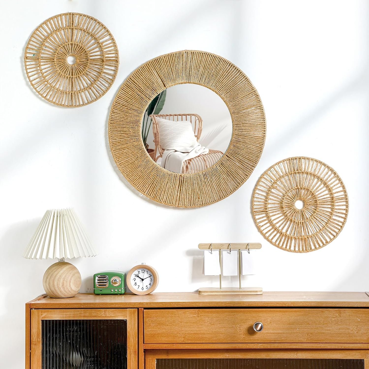 Yerliker 3 Pcs Boho Mirror Wall Decor, Natural Jute Woven Round Mirror, 19.7″ Large Decorative Mirrors with 2 Wall Art Plaques, Rustic Farmhouse Coastal Decor for Bathroom Bedroom Living Room Entryway