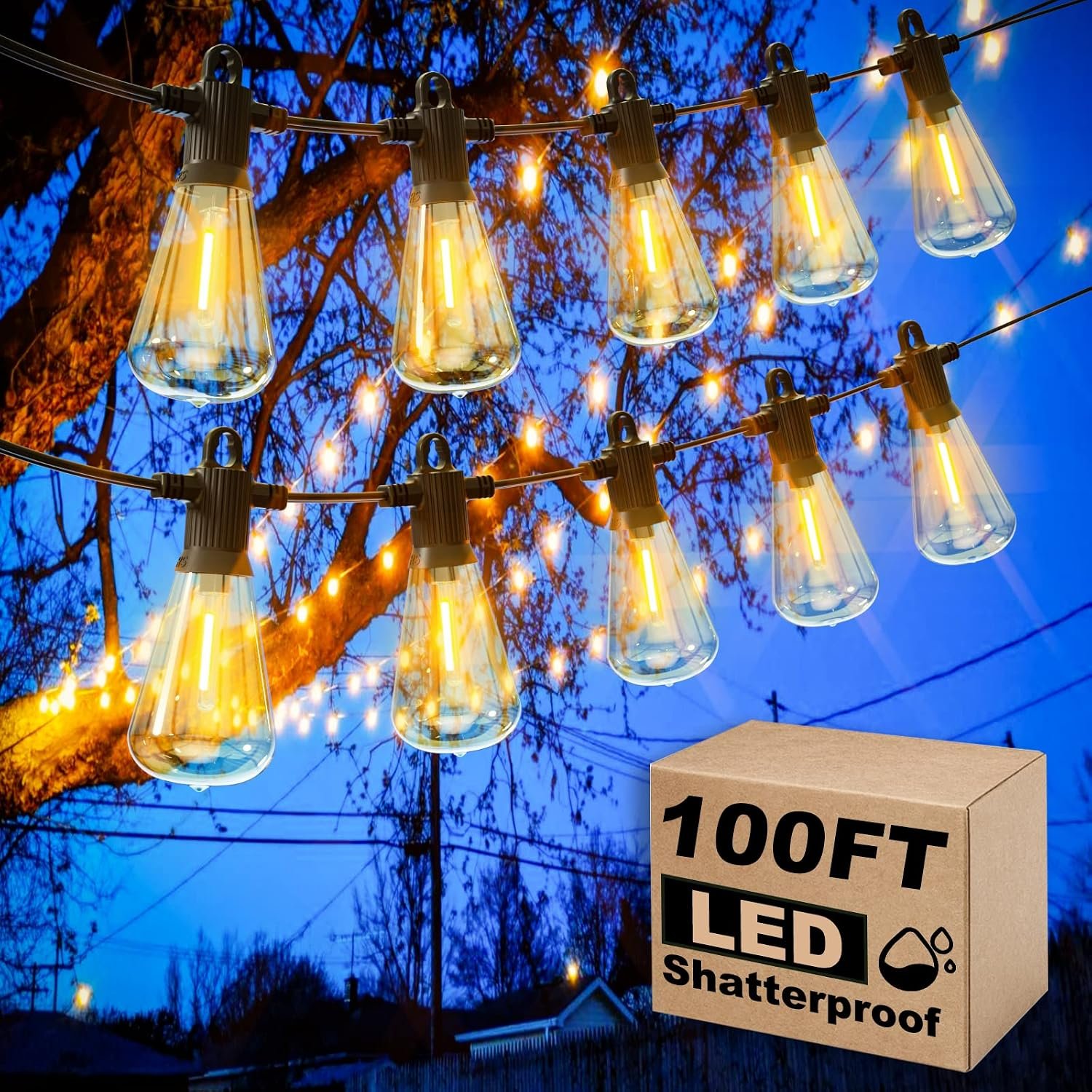 Zuske 100FT Outdoor String Lights, LED Patio Lights with 50+3 ST38 Vintage Edison Shatterproof Bulbs, IP65 Weatherproof Outside Hanging Lights for Backyard Bistro Cafe Garden(50FTx2)