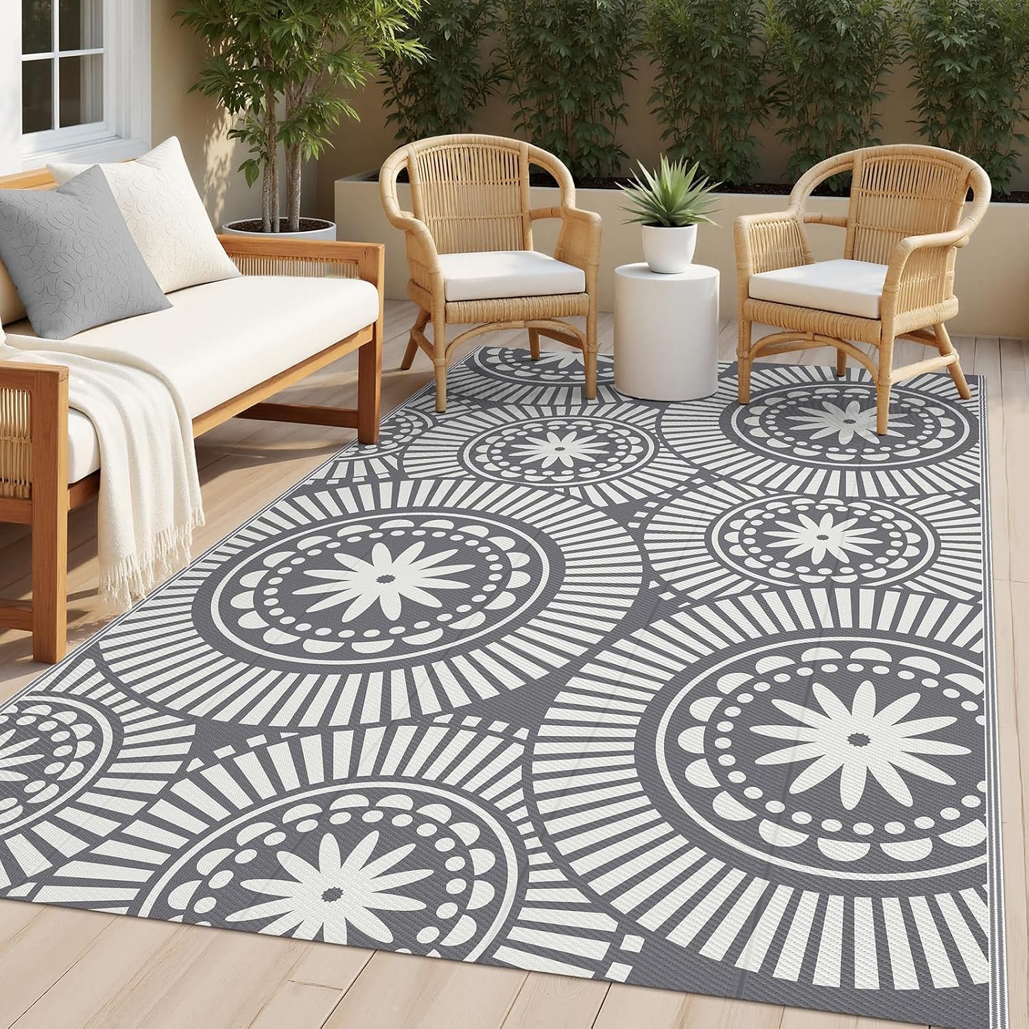 Ileading Outdoor Patio Rug Waterproof, Reversible Plastic Straw Mat, Grey Geometric Outside Carpet Quick Dry, Portable Area Rug for Deck Porch Balcony Camping RV (5×8 ft)