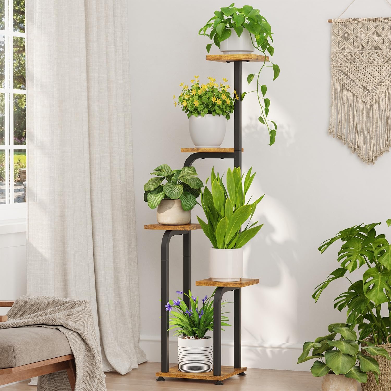 iDavosic.ly Tall Plant Stand Indoor, Corner Tiered Wooden Tray, Black Brown