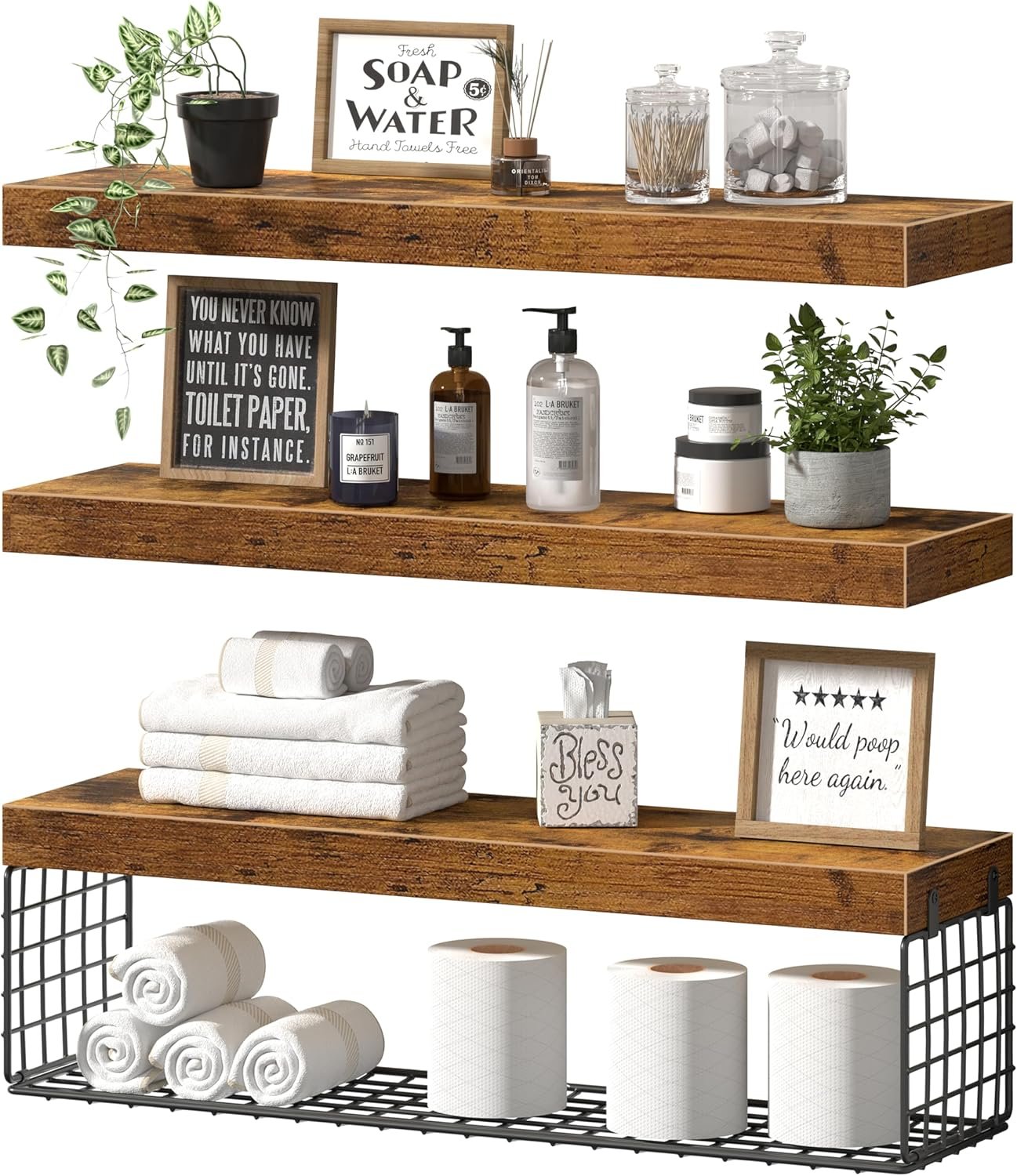 QEEIG Bathroom Shelves Over Toilet Wall Mounted (Brown, Set of 3, 23.6″)