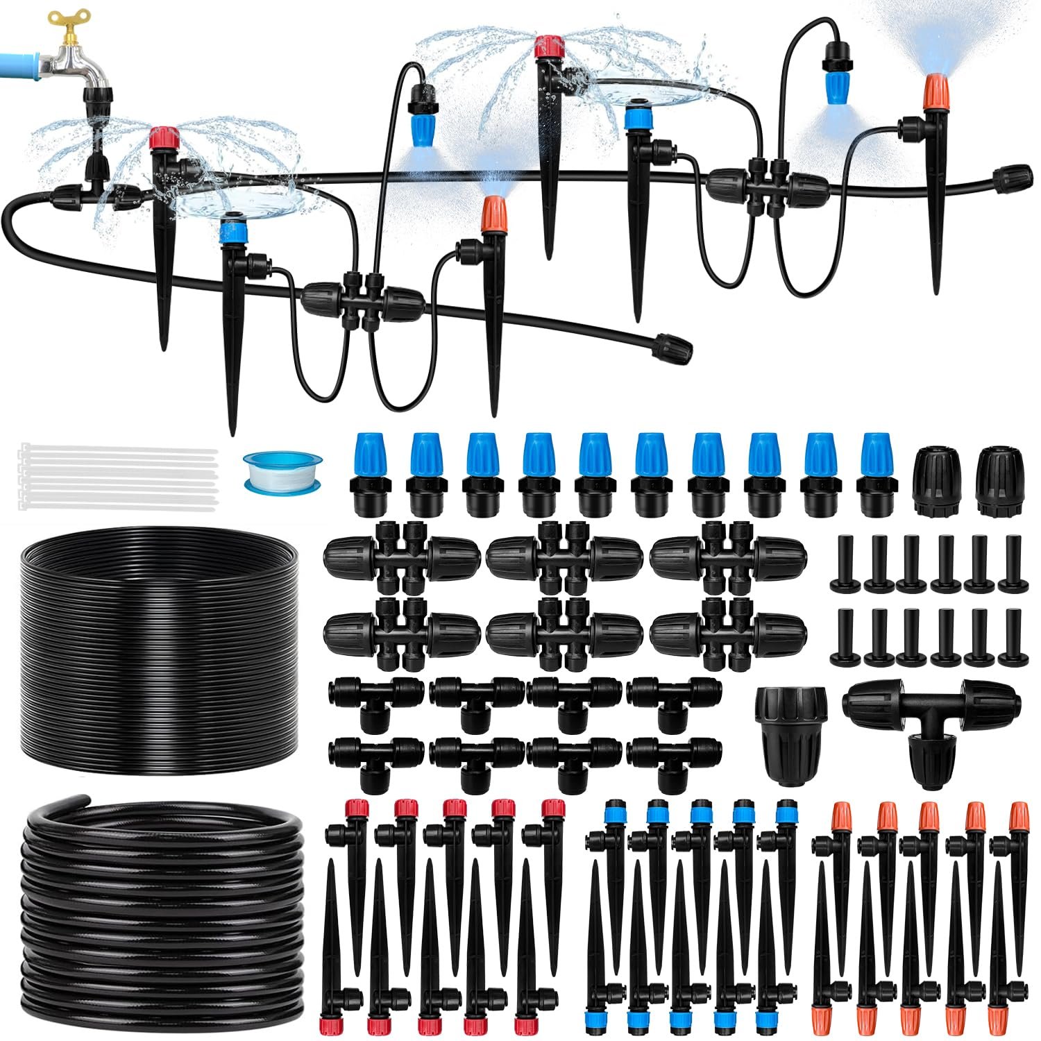 230FT Drip Irrigation System for Garden with 40 Nozzles & Emitters, Garden Watering System with 1/2″ & 1/4″ Tube and Barbed Fittings – Adjustable Sprinklers Kit for Greenhouse, Lawn, Raised Bed