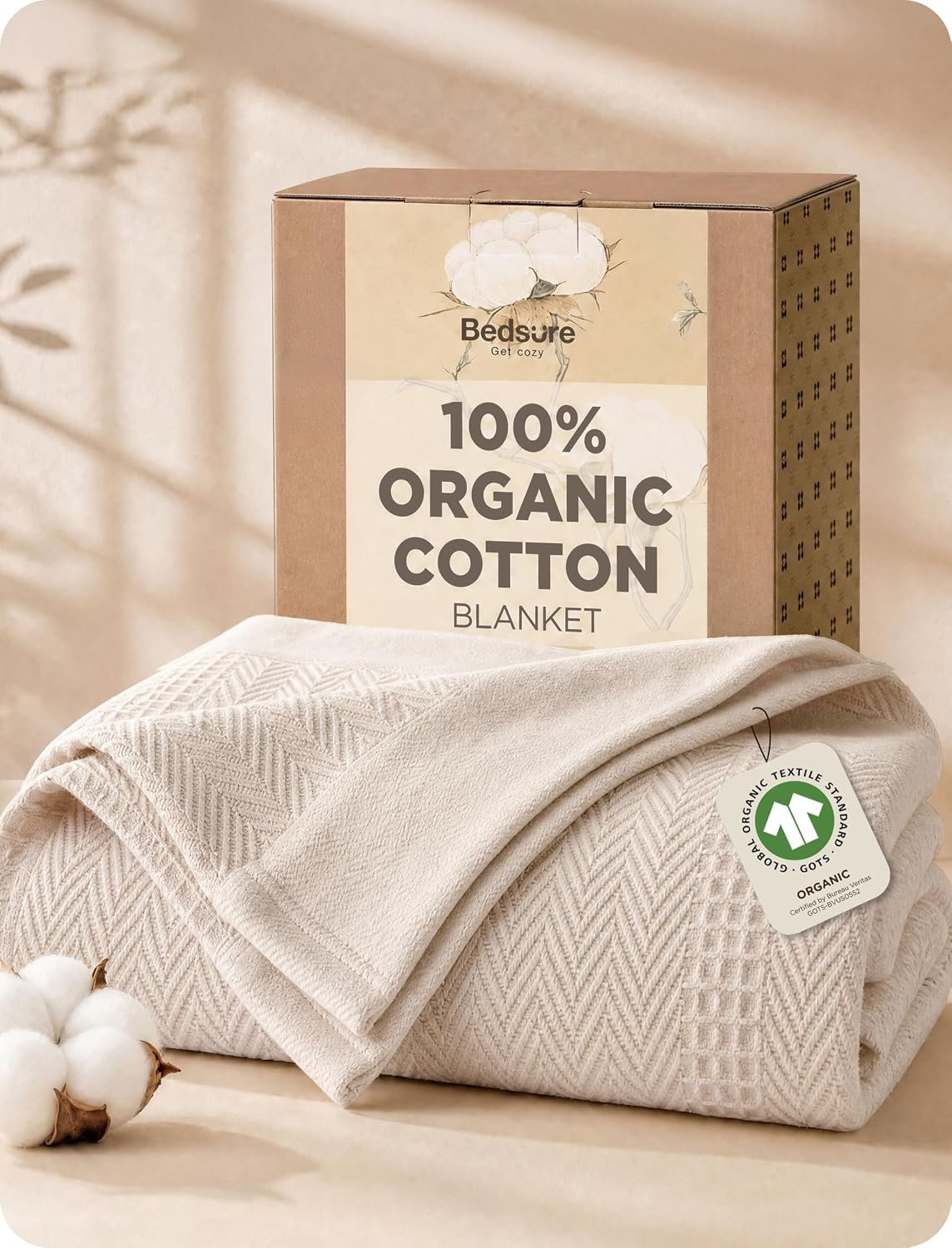 Bedsure PureWoven 100% Organic Cotton Waffle Luxury Blanket, Queen, Beige