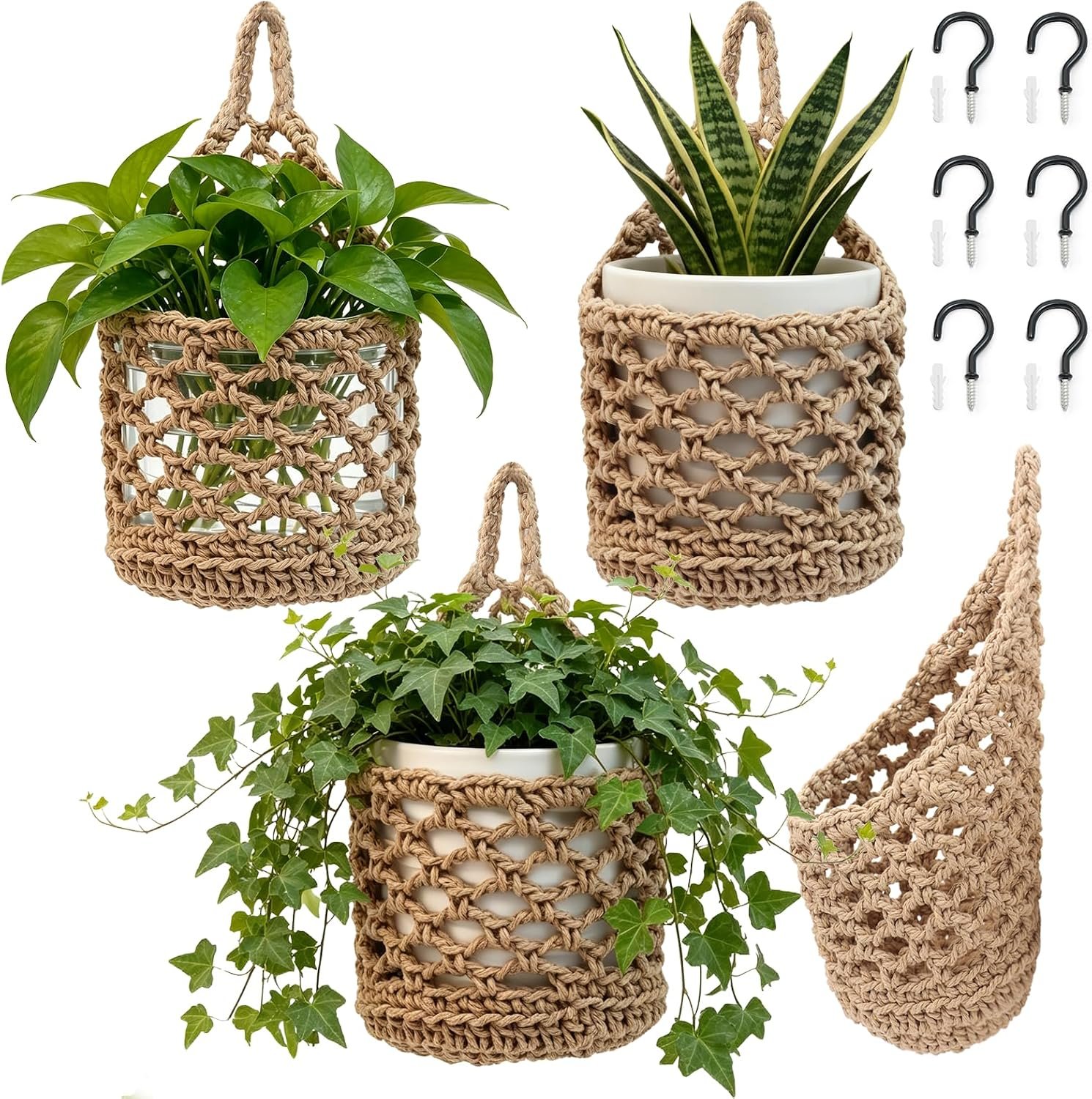 4-Pack 5-Inch Macrame Wall Plant Hangers, Natural Cotton Hanging Planter Baskets for Indoor Plants, Boho-Style Woven Plant Baskets for Walls, Small Hanging Pots for Succulents