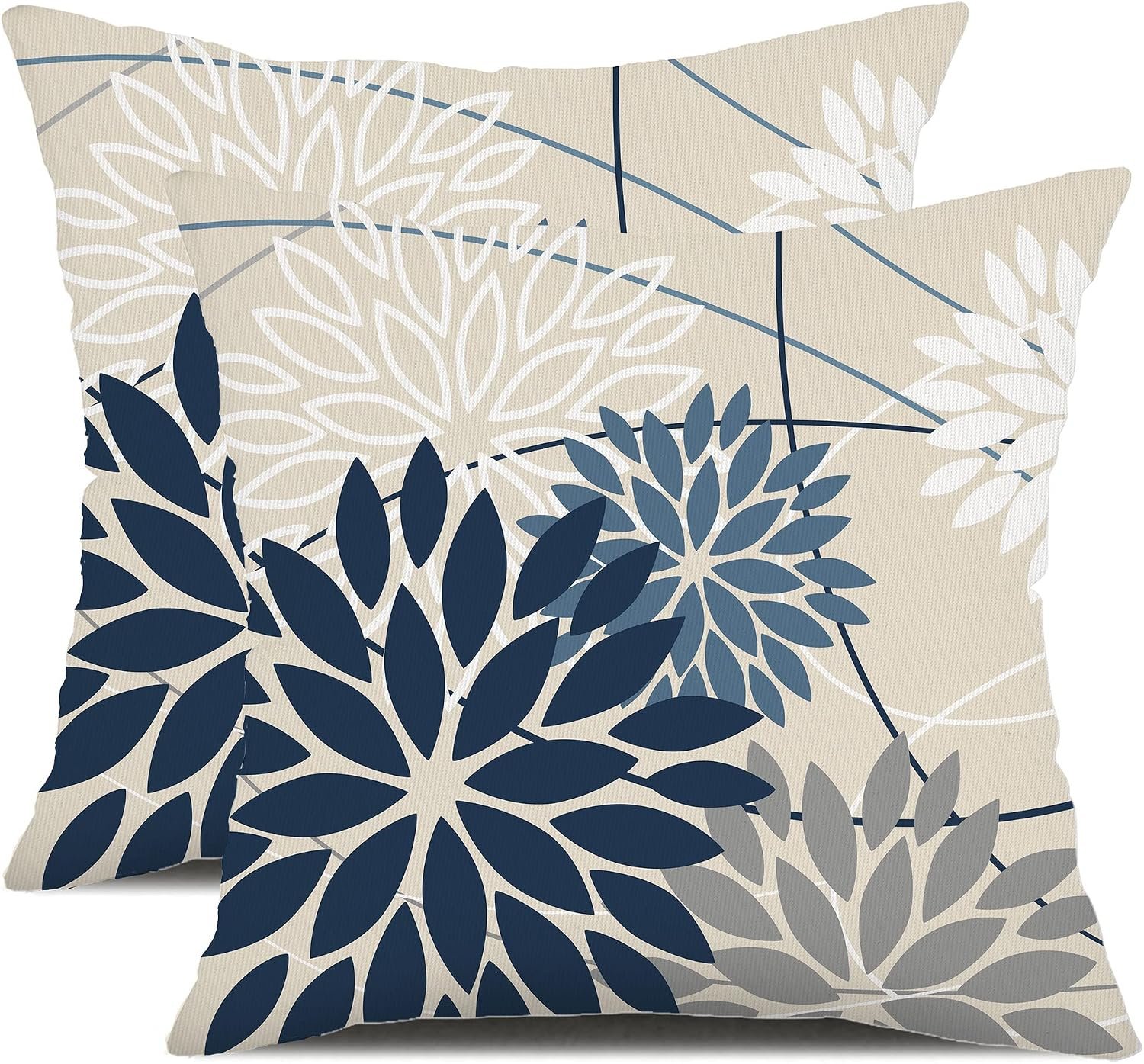 DFXSZ Blue Gray Floral Outdoor Pillow Covers 18×18 Set of 2 Waterproof