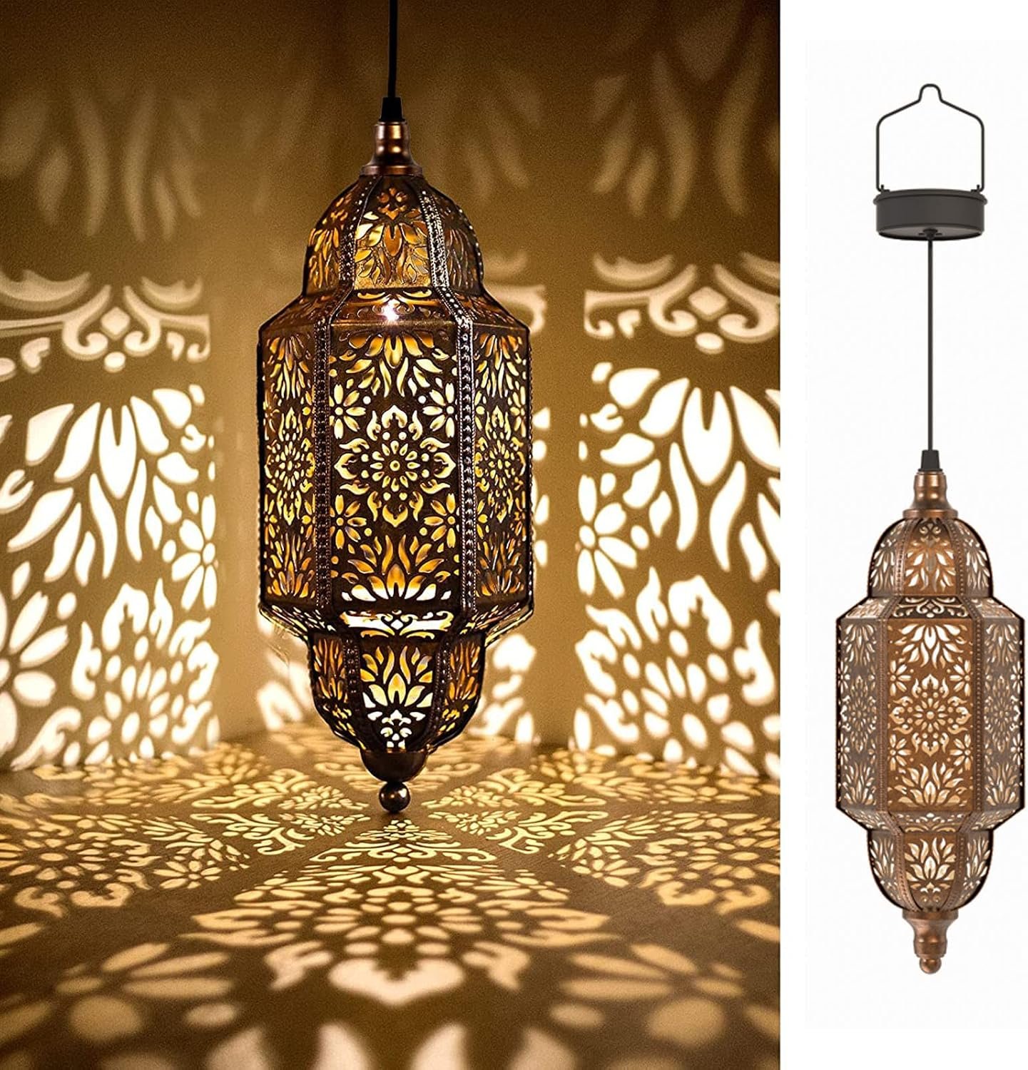 Twinkya 2 Pack Hanging Solar Lights Outdoor Garden Decorative Solar Lantern Waterproof Metal Moroccan Outdoor Decorations for Patio Pathway Yard Porch Backyard Garden Decor (Gold, 2 Pack)