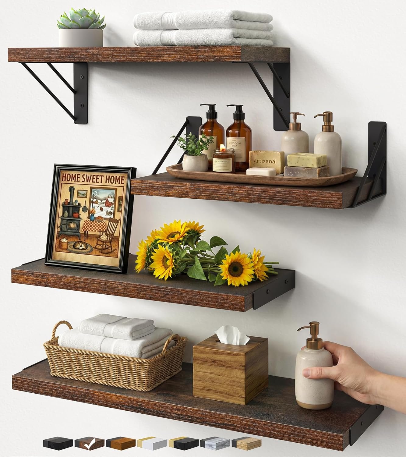 BAYKA Wall Mounted Floating Shelves (Rustic Brown, Set of 4, 16″ Mixed)