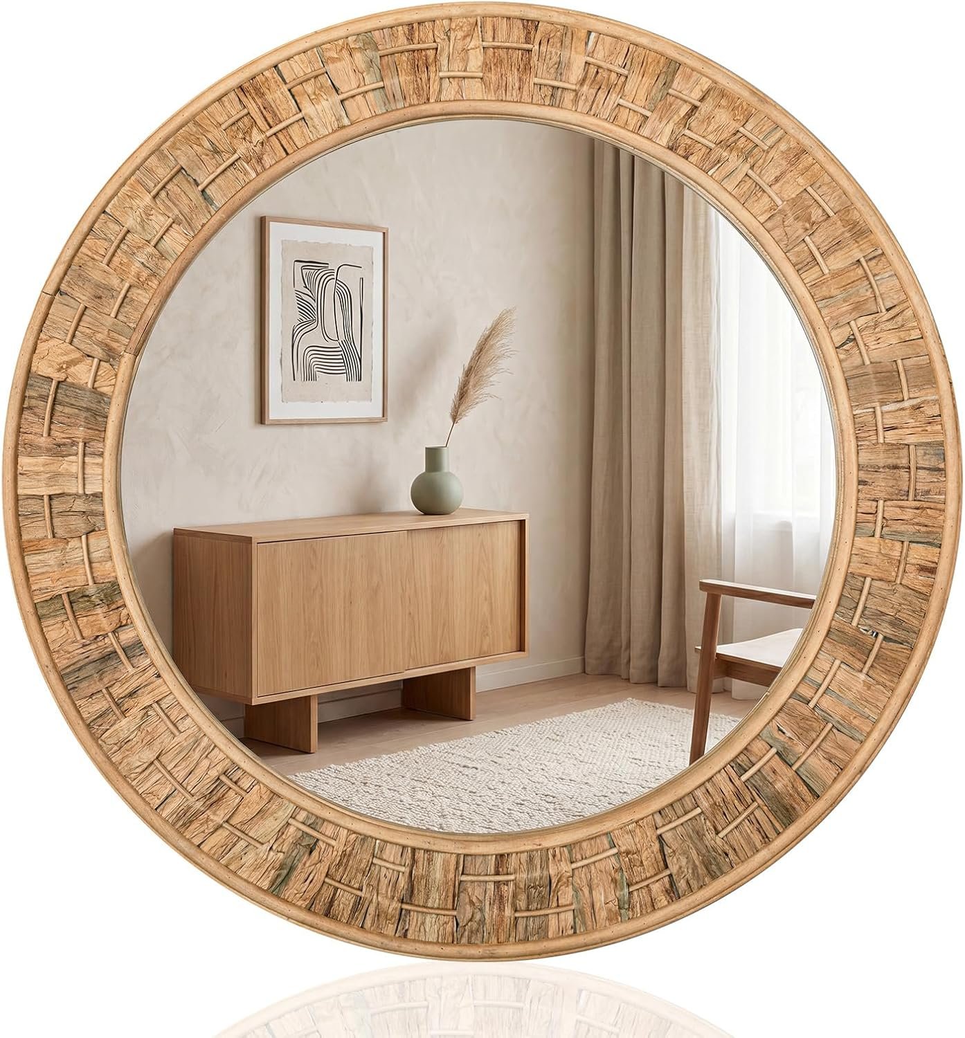 Vercraft 24 Inch Round Rattan Wicker Mirror, Rustic Boho & Farmhouse Style Handmade Woven Frame, Decorative Wall Mirror for Bathroom, Living Room, Bedroom, Entryway, Nursery Decor