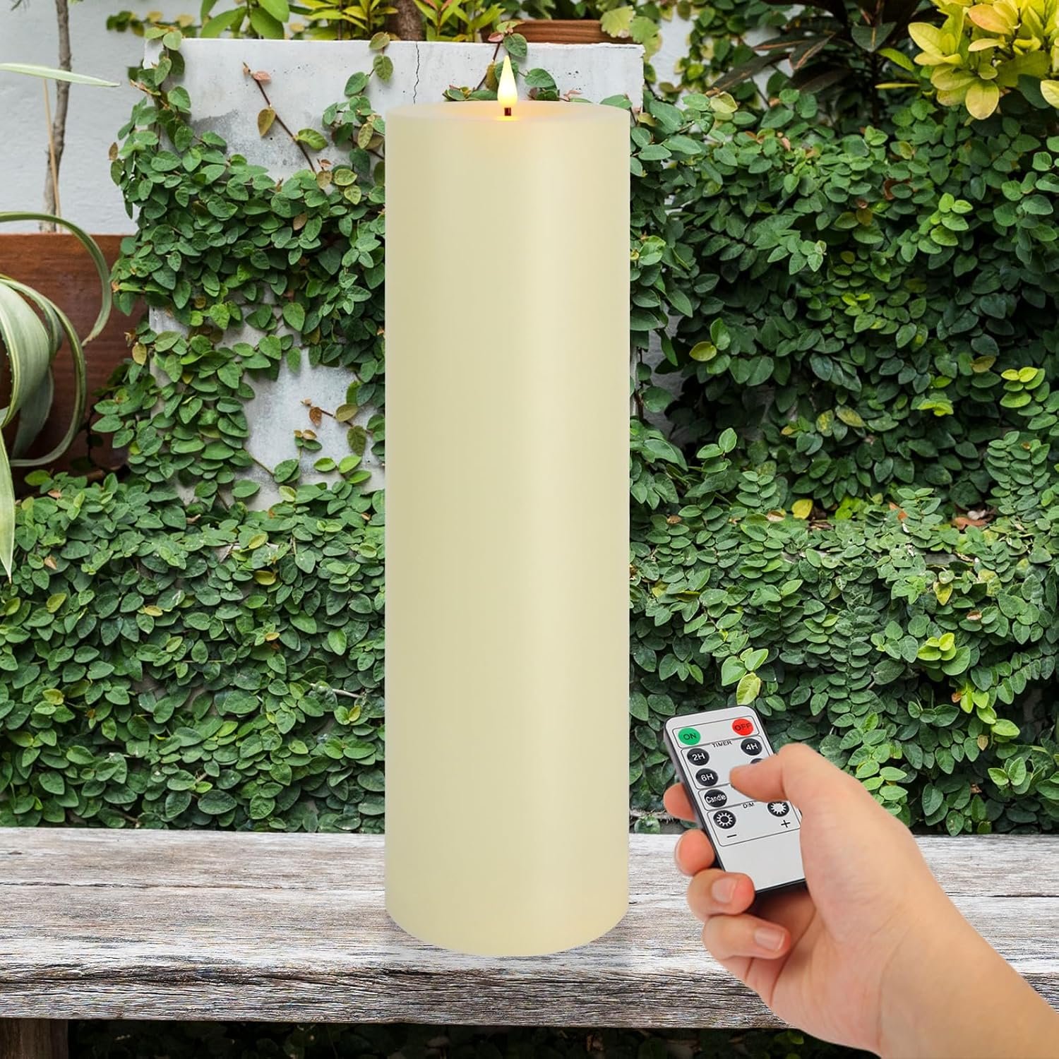 14″ x 4″ Large Outdoor Candles with Timer Waterproof, Remote Control Flickering Flameless Candles Battery Operated, Tall Fake LED Pillar Candle for Patio Porch Lantern, Ivory, 1 Pack