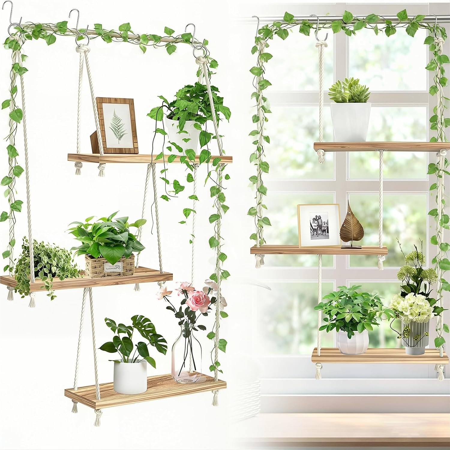Window Plant Shelves 3-Tier Boho Window Sill Plant Shelf Indoor Hanging Wood Window Plant Hanger for Plants Herb Garden, Flower, Succulents, Micro Greens, Seedling Pots Display Stand