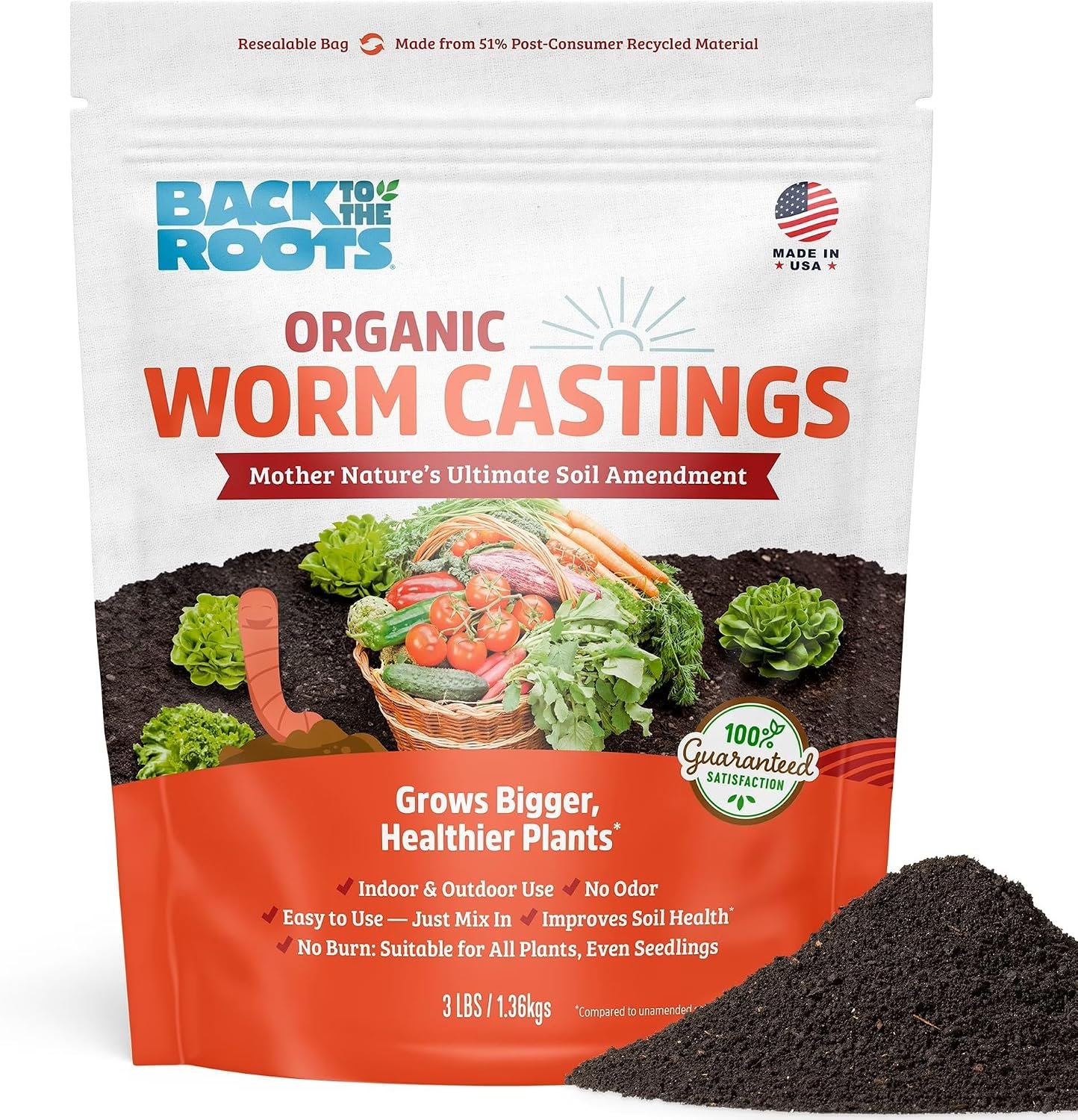 Back to the Roots Organic Worm Castings for Plants, Natural Fertilizer and Soil Enhancer for Gardening, Made in the USA, 3lb