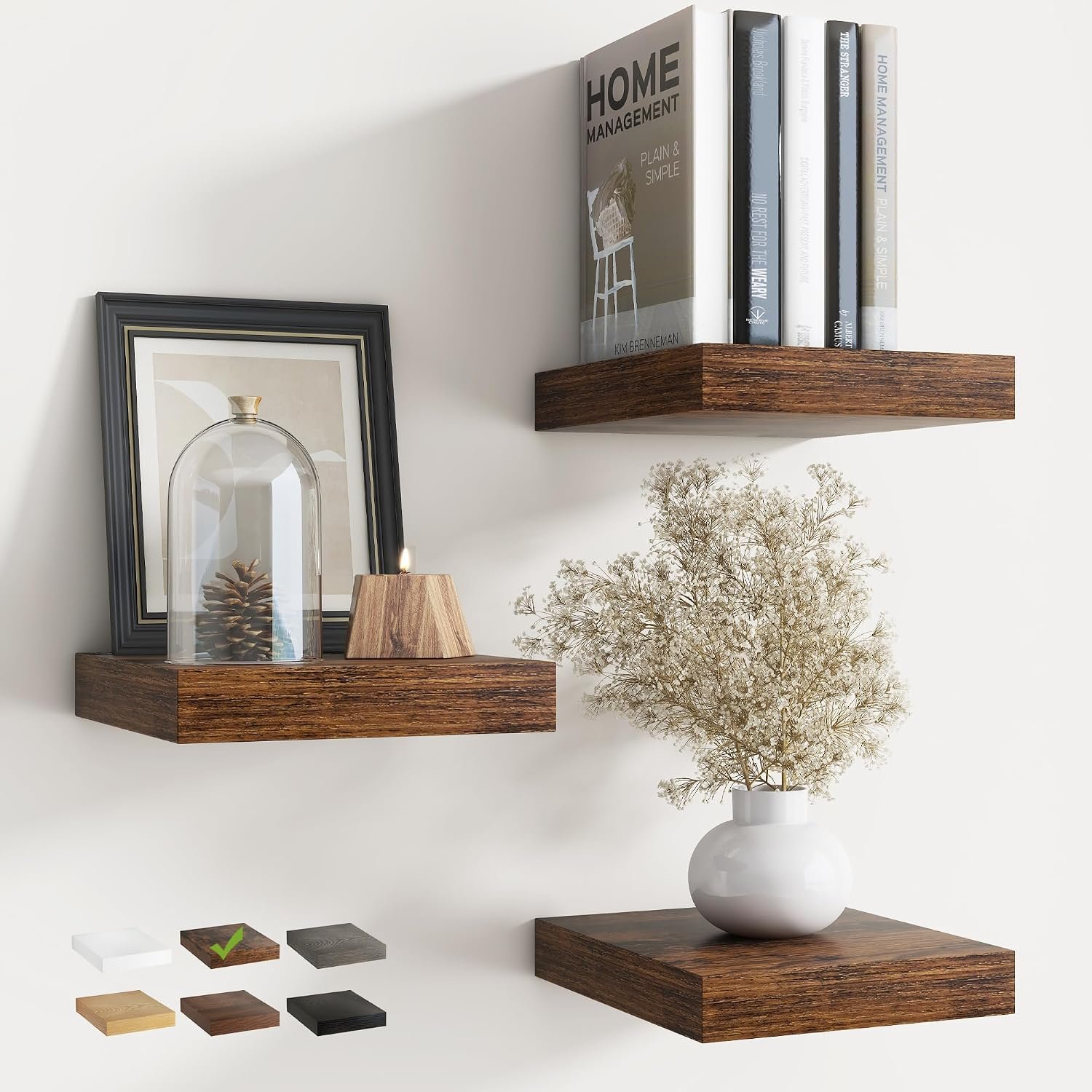 8 Inch Floating Shelves for Wall with Invisible Brackets Set of 3, 8″D Engineered Wood Wall Shelves with Wood Grain for Living Room, Bedroom, Bathroom, Kitchen Decor and Storage, Rustic Brown