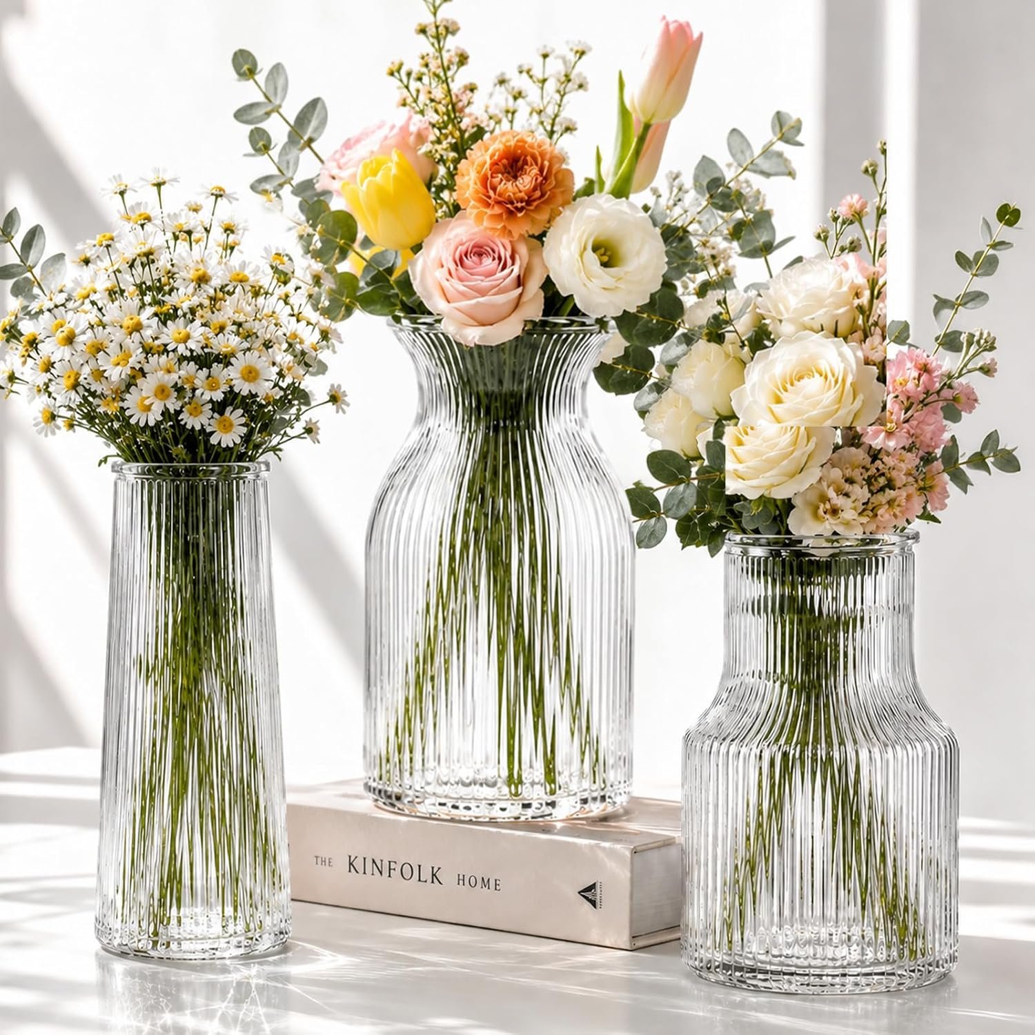 Ribbed Glass Vase Set of 3, Ribbed Vase for Flowers