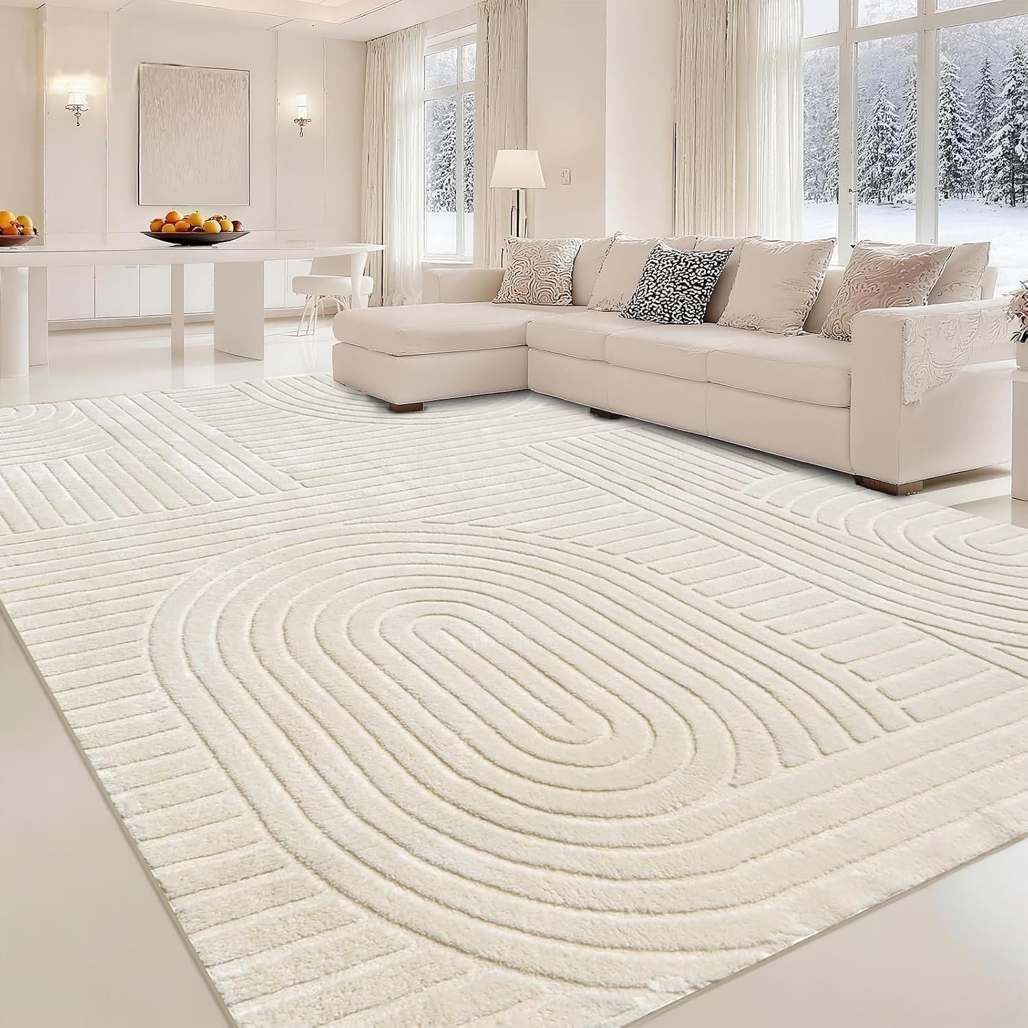 Beige Solid Area Rug 8×10, Washable Rugs for Living Room Bedroom