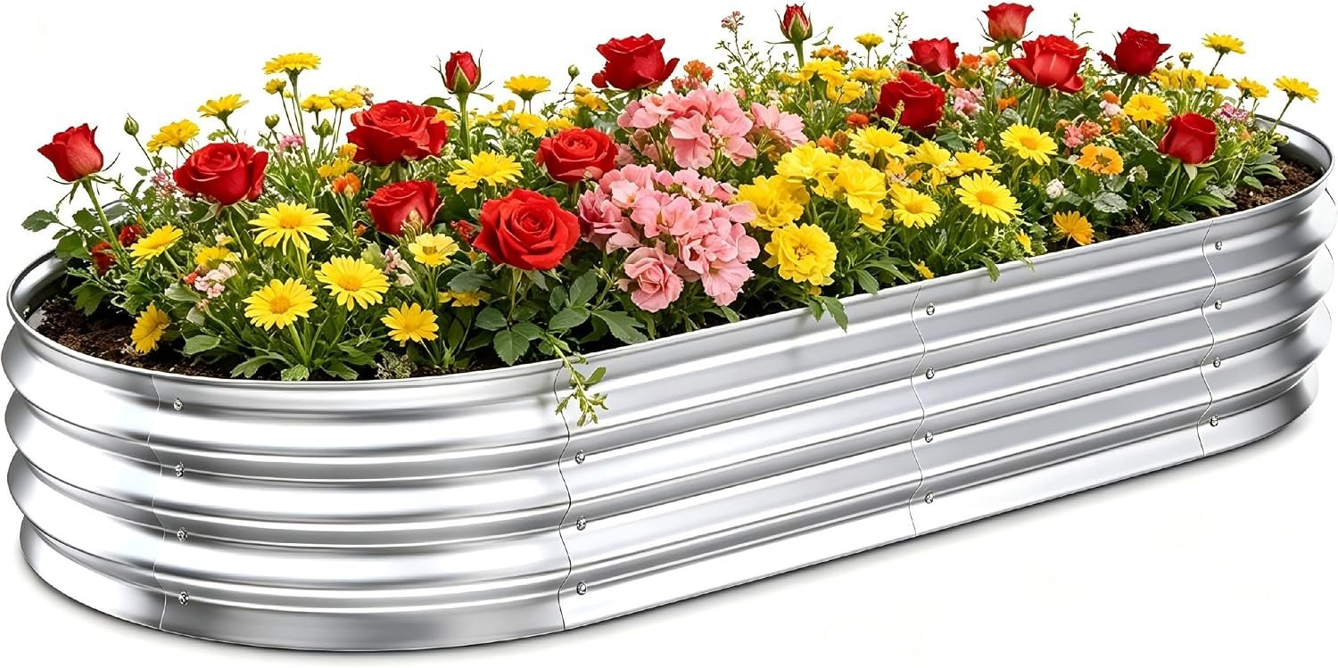 Galvanized Raised Garden Bed Outdoor, 6x3x1ft Metal Heavy Duty Planter Boxes for Gardening, Easy Assemble Large Oval Plant Container Kit for Vegetables, Flowers, Fruits, Silver, 1 Pack