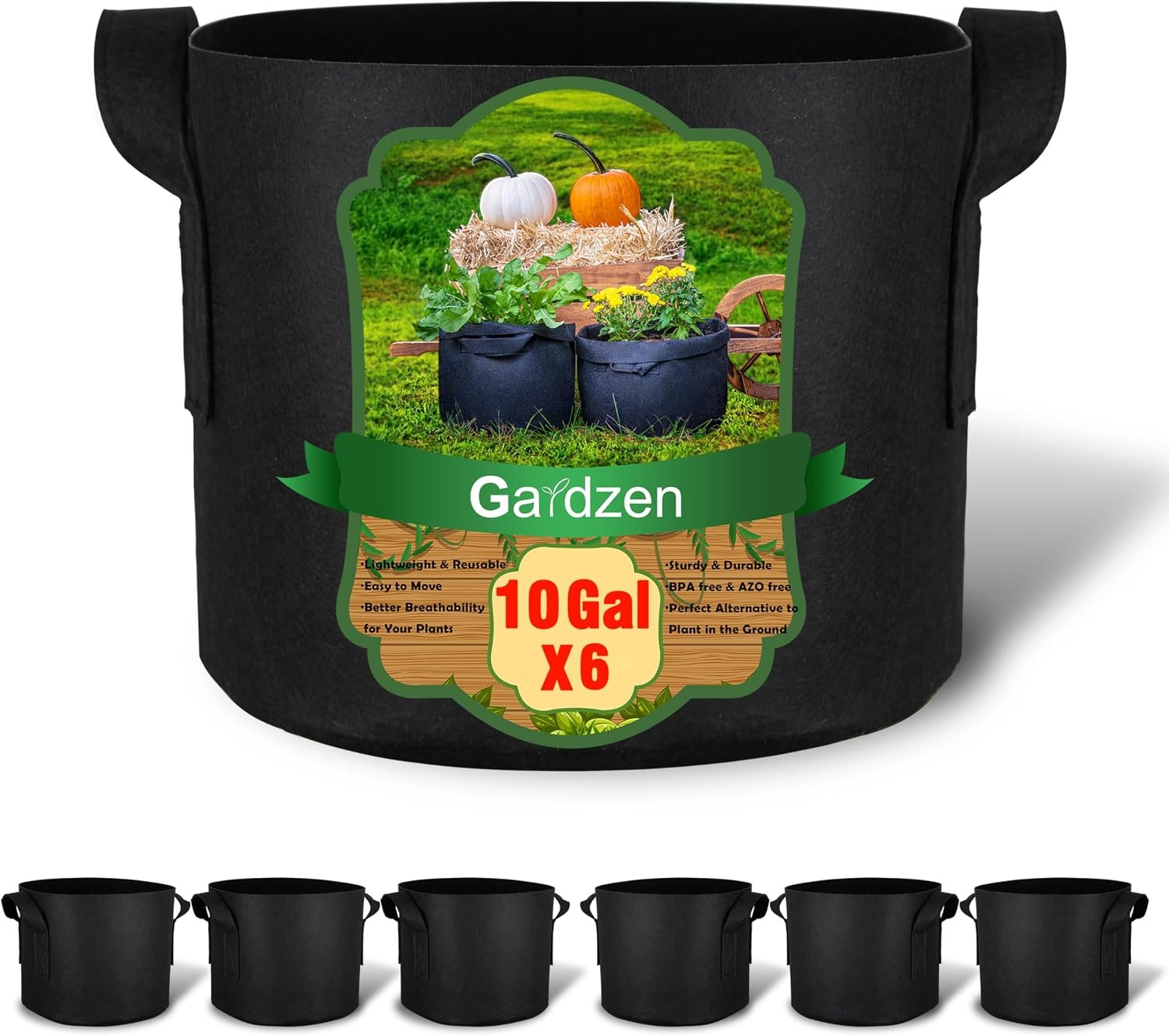 Gardzen 6-Pack 10 Gallon Grow Bags Fabric Pots with Heavy Duty Handles