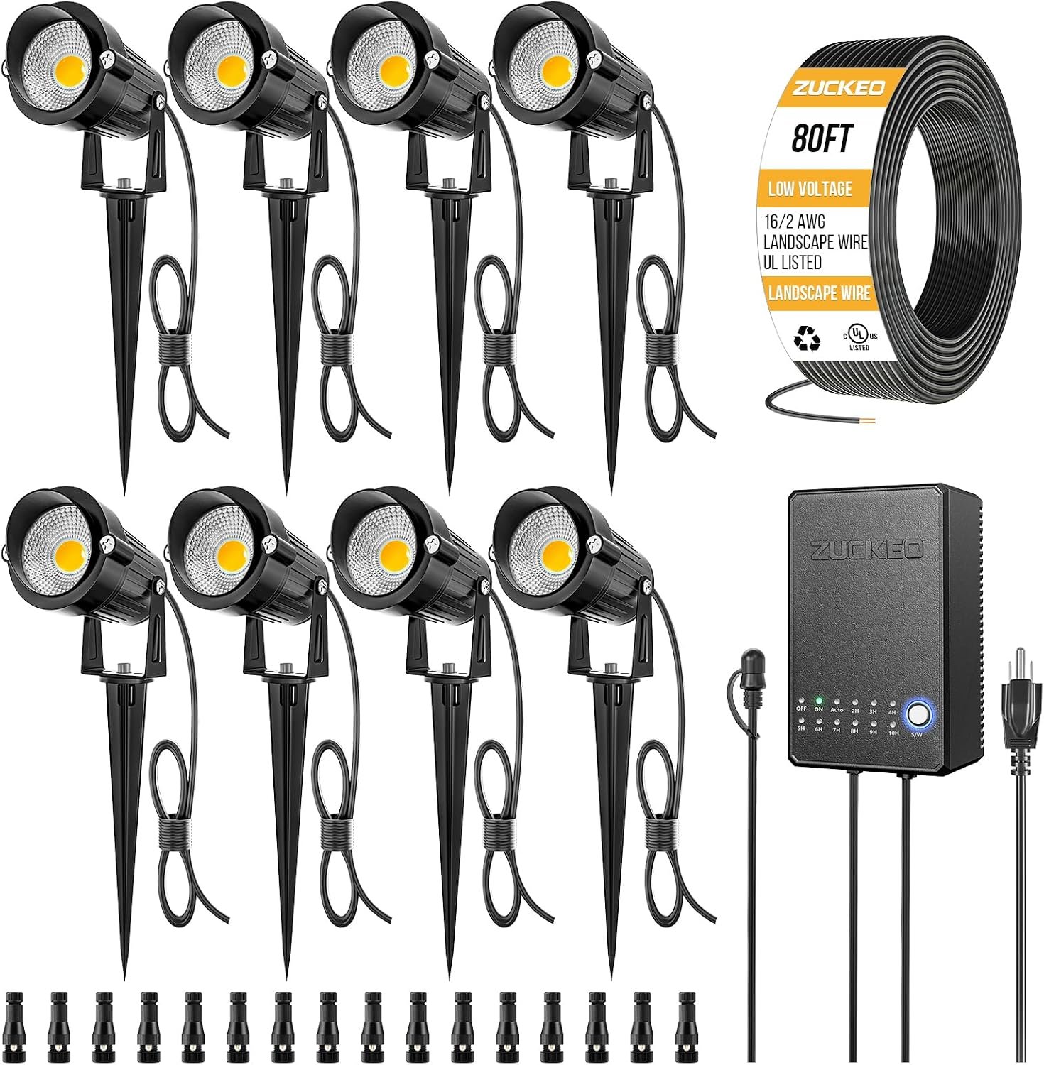 ZUCKEO All-in-One Landscape Lighting Kit, 5W LED Low Voltage Landscape Lights with Transformer and 80FT Wire, Waterproof Outdoor Spotlight with Connectors for Yard Garden House, 3000K 12-24V 8Pack