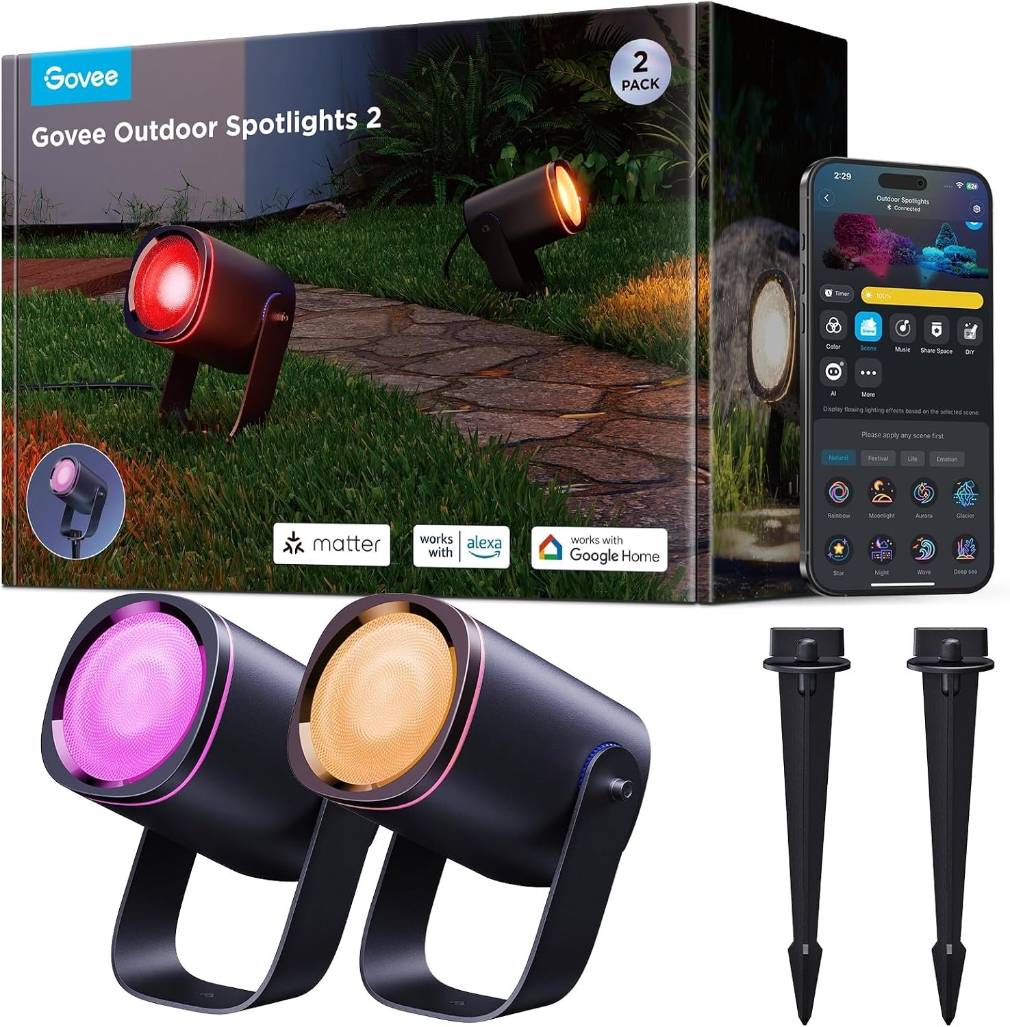 Govee Outdoor Spot Lights 2, IP67 Waterproof Spotlights, RGBWIC, 2 Pack